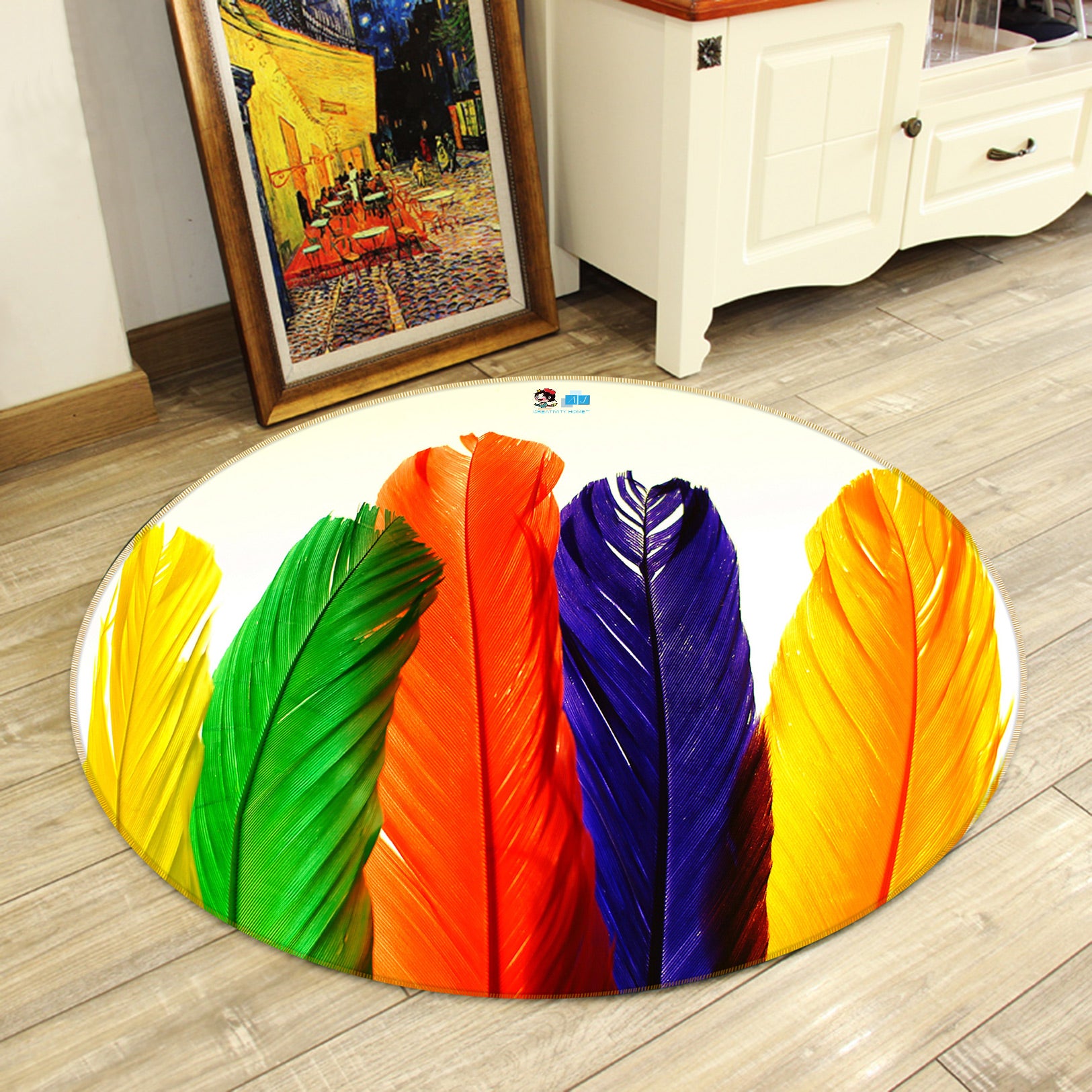 3D Colored Feathers 80248 Round Non Slip Rug Mat