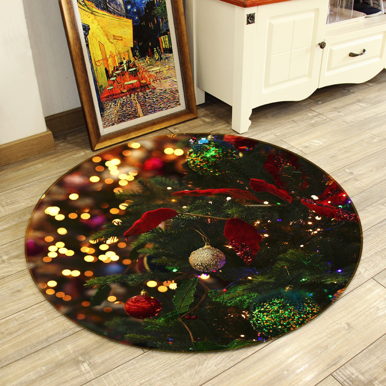 3D Tree Pendant 54080 Christmas Round Non Slip Rug Mat Xmas