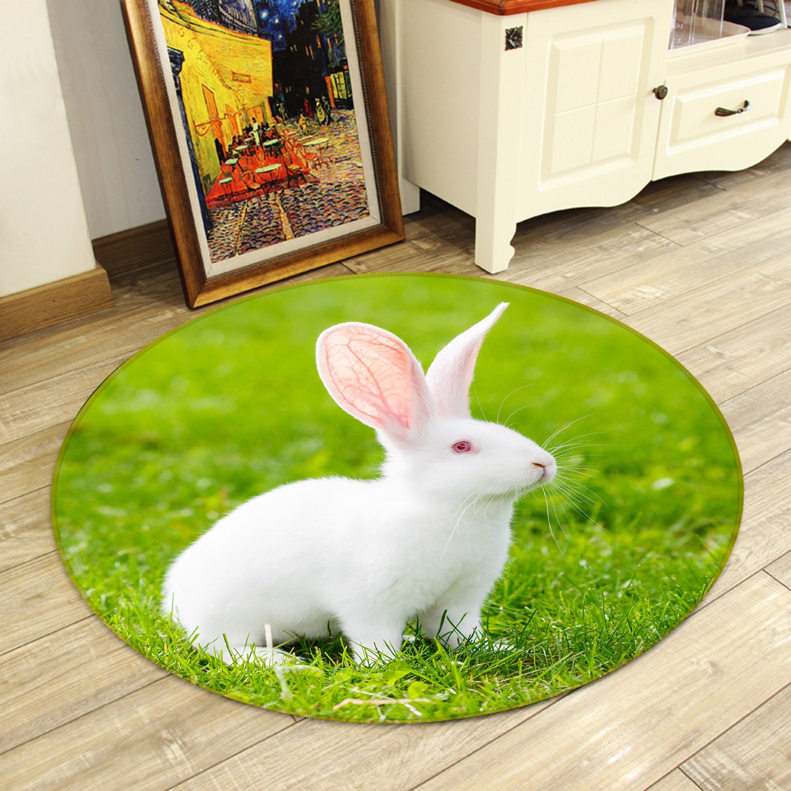 3D White Rabbit 38004 Animal Round Non Slip Rug Mat