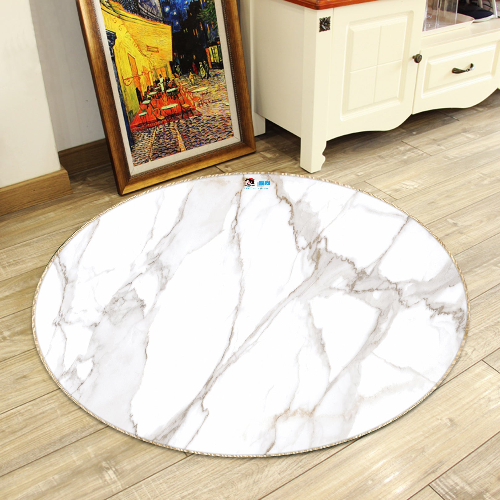 3D White Marble 69238 Round Non Slip Rug Mat