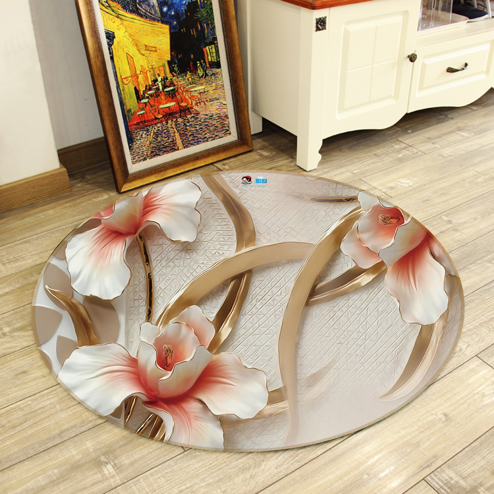 3D Embossed Flowers 80257 Round Non Slip Rug Mat