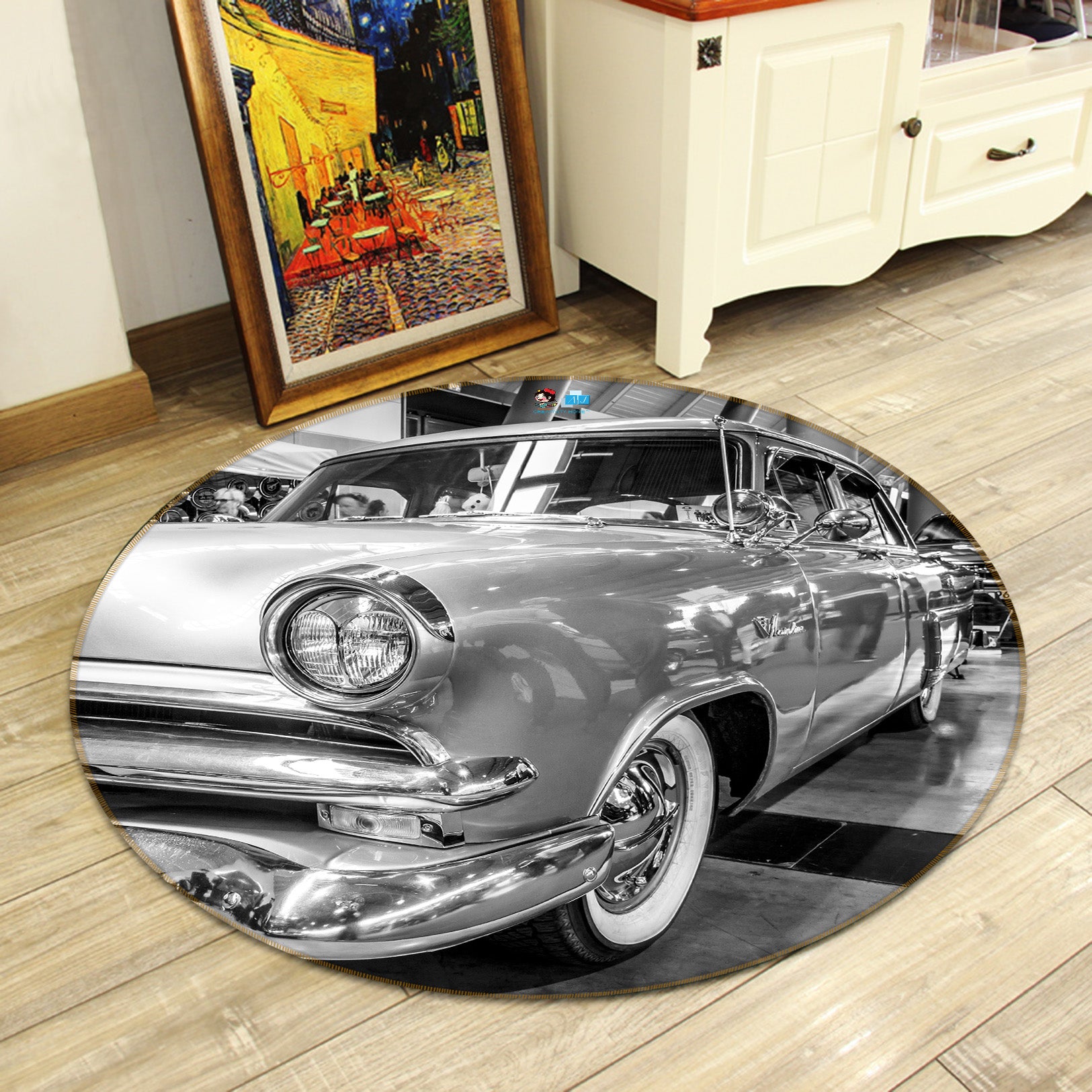 3D Black White Car 74182 Round Non Slip Rug Mat