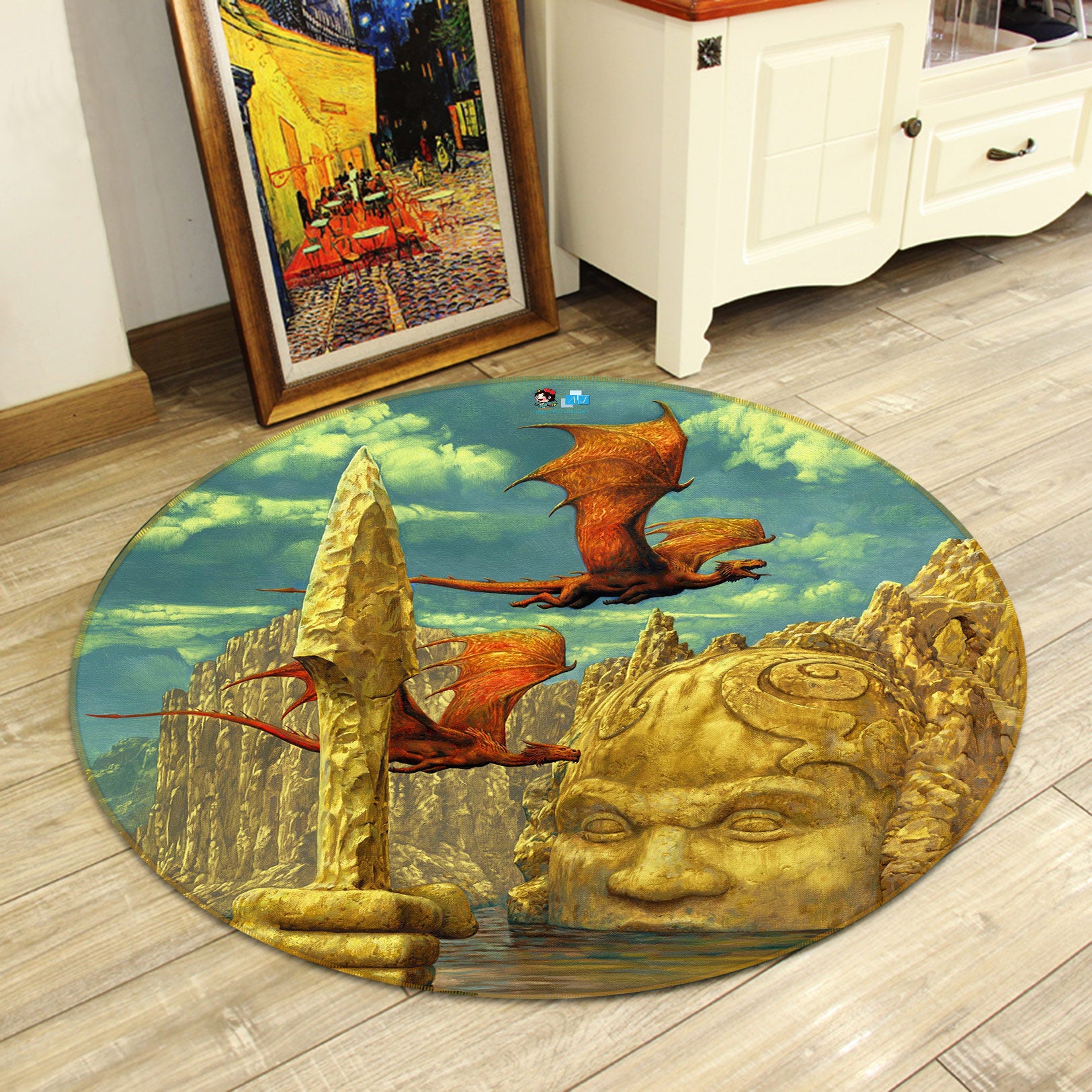 3D Statue Pterosaur 6115 Ciruelo Rug Round Non Slip Rug Mat