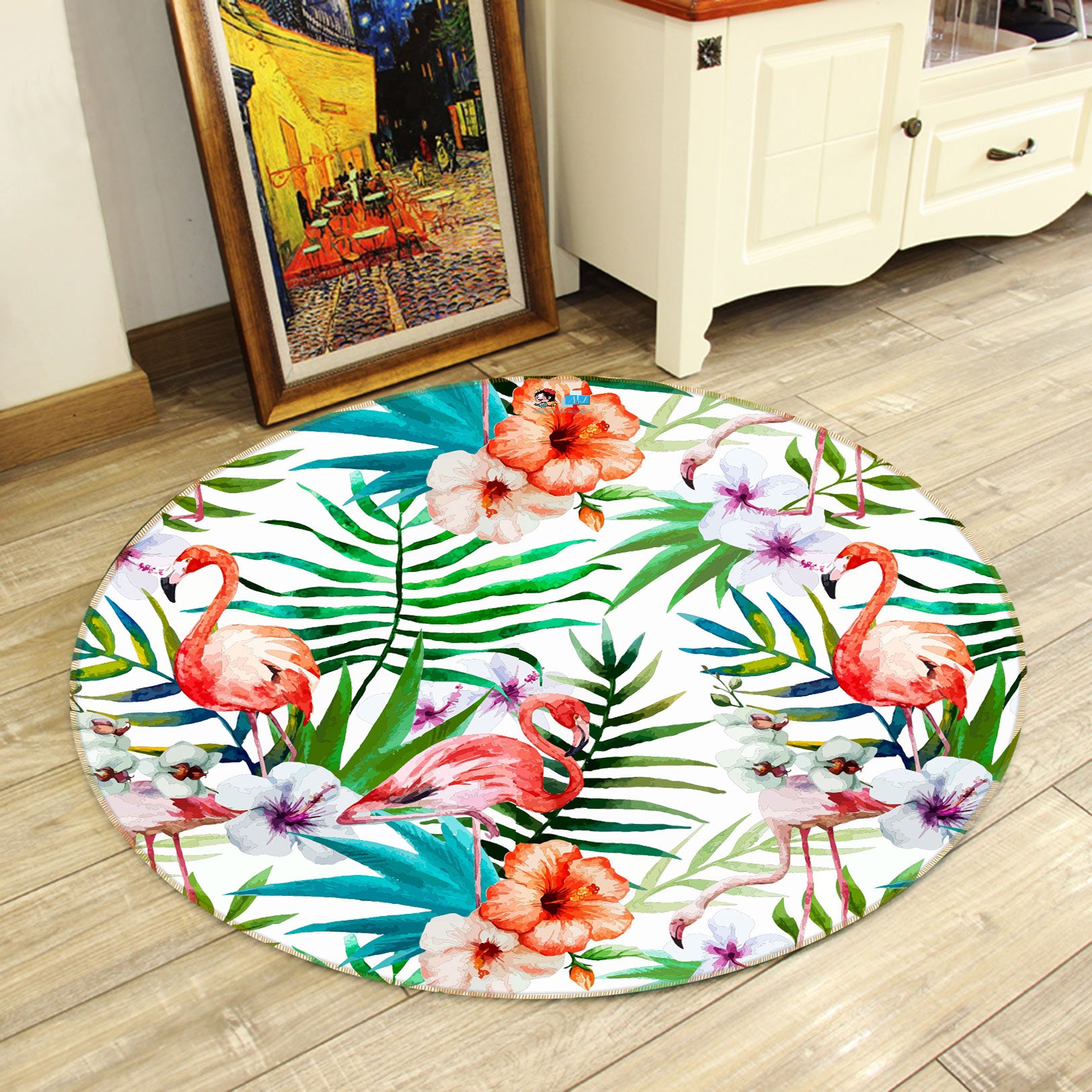 3D Flower Bush Flamingo 81261 Round Non Slip Rug Mat
