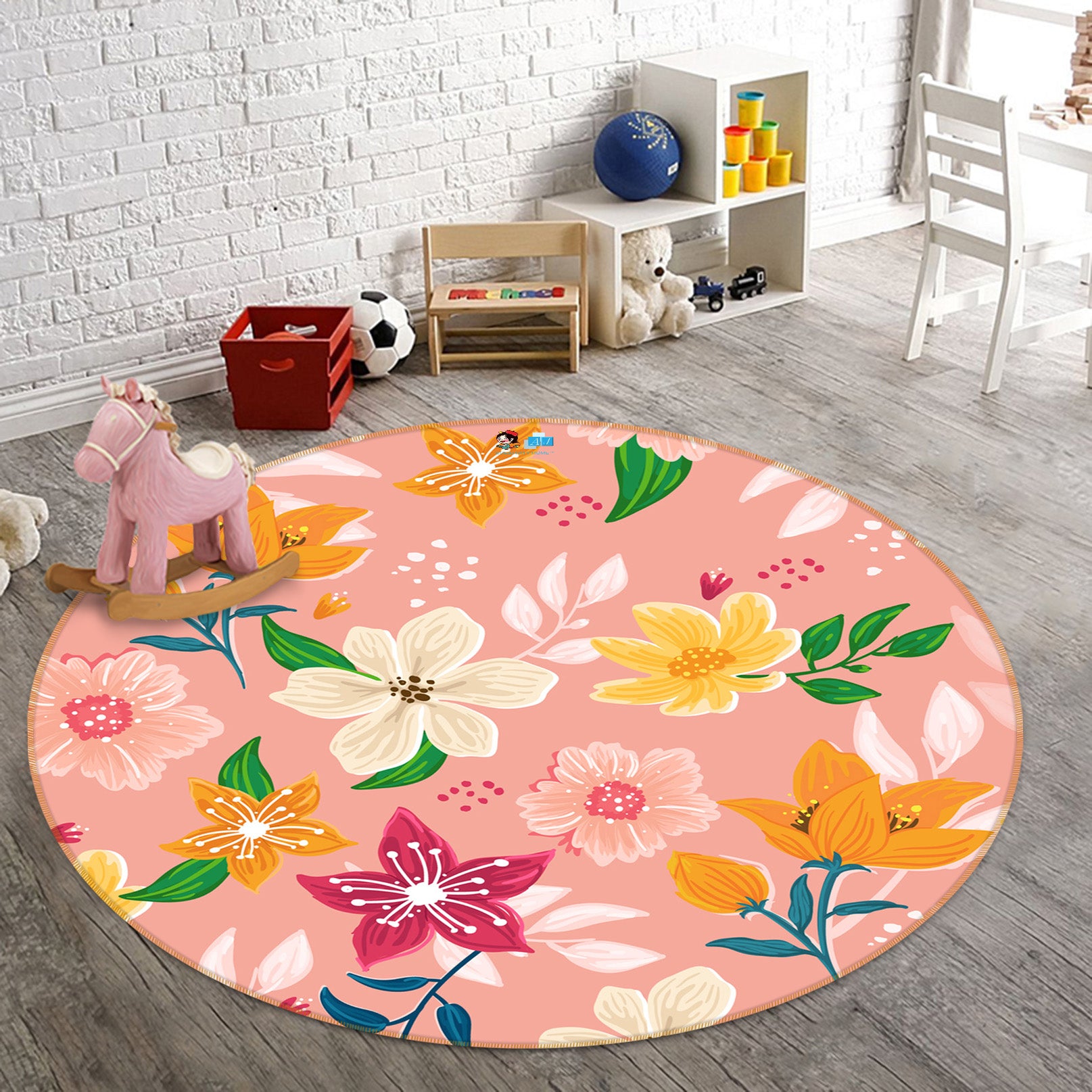 3D Flowers Pattern 71274 Round Non Slip Rug Mat