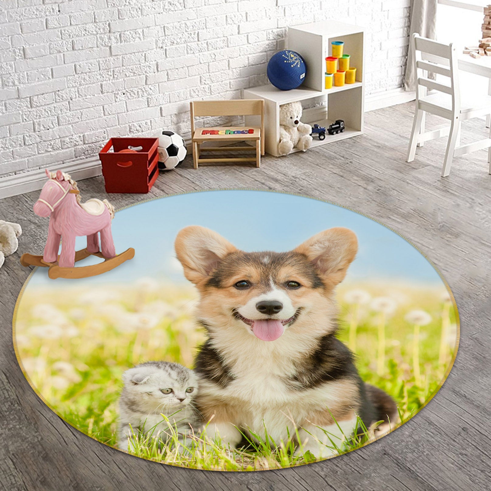 3D Grassland Puppy Kitten 29038 Round Non Slip Rug Mat