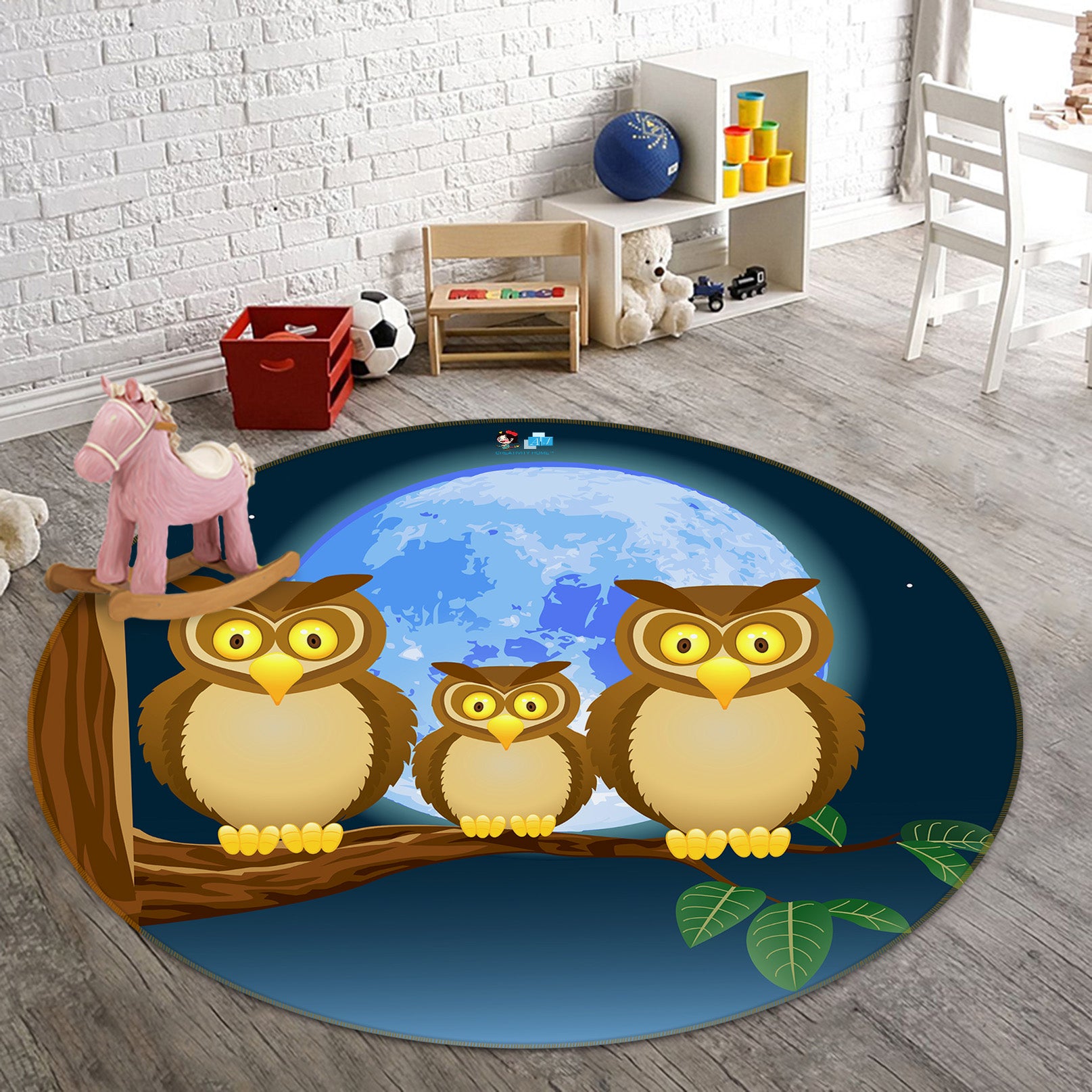 3D Owl Moon 74039 Round Non Slip Rug Mat