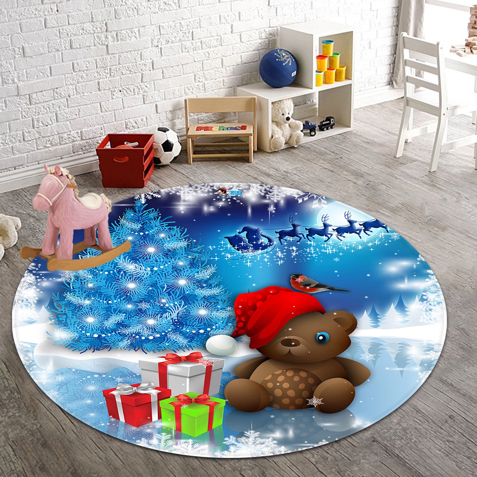 3D Snow Gift Box Bear Doll 66035 Christmas Round Non Slip Rug Mat Xmas
