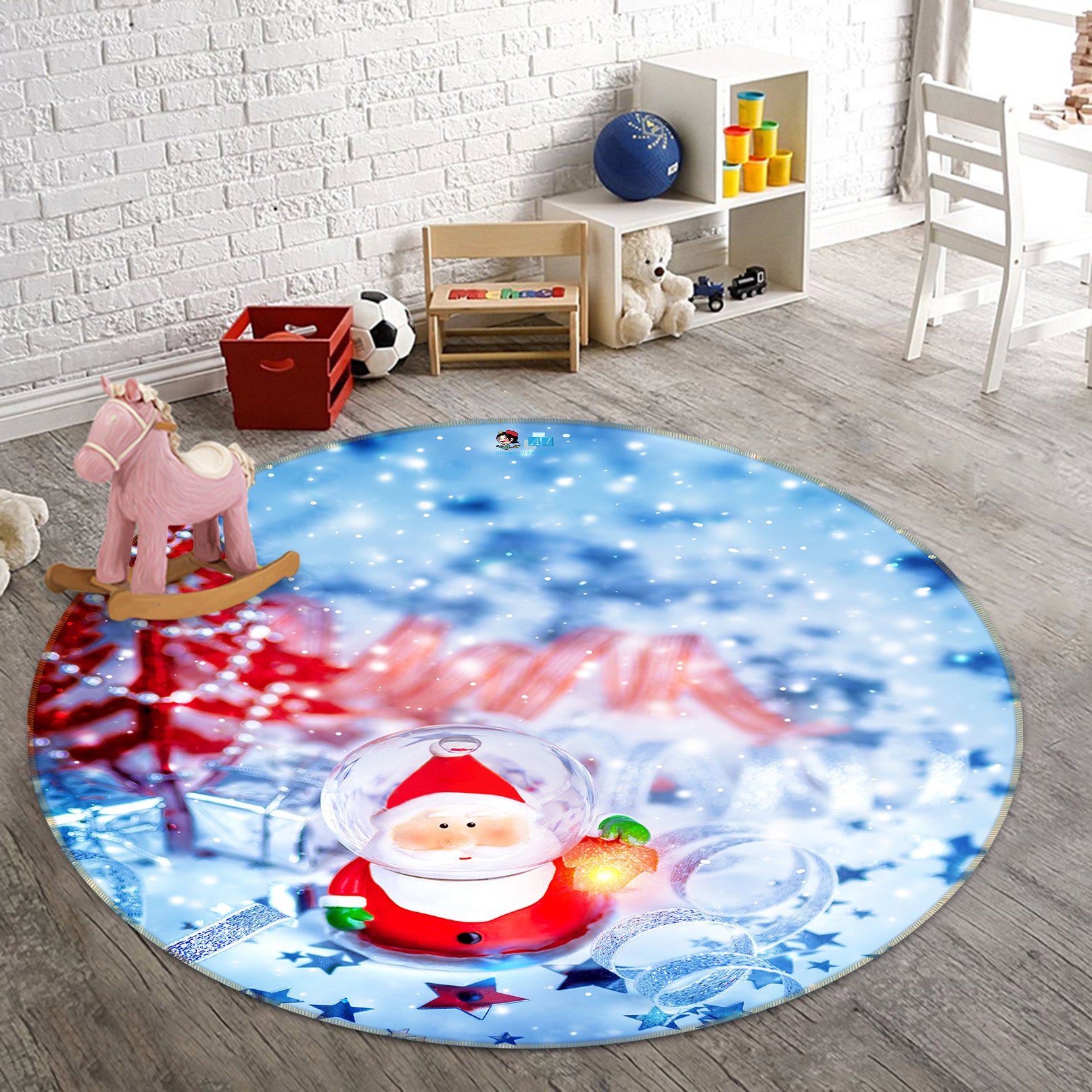 3D Glass Ball Santa 54018 Christmas Round Non Slip Rug Mat Xmas