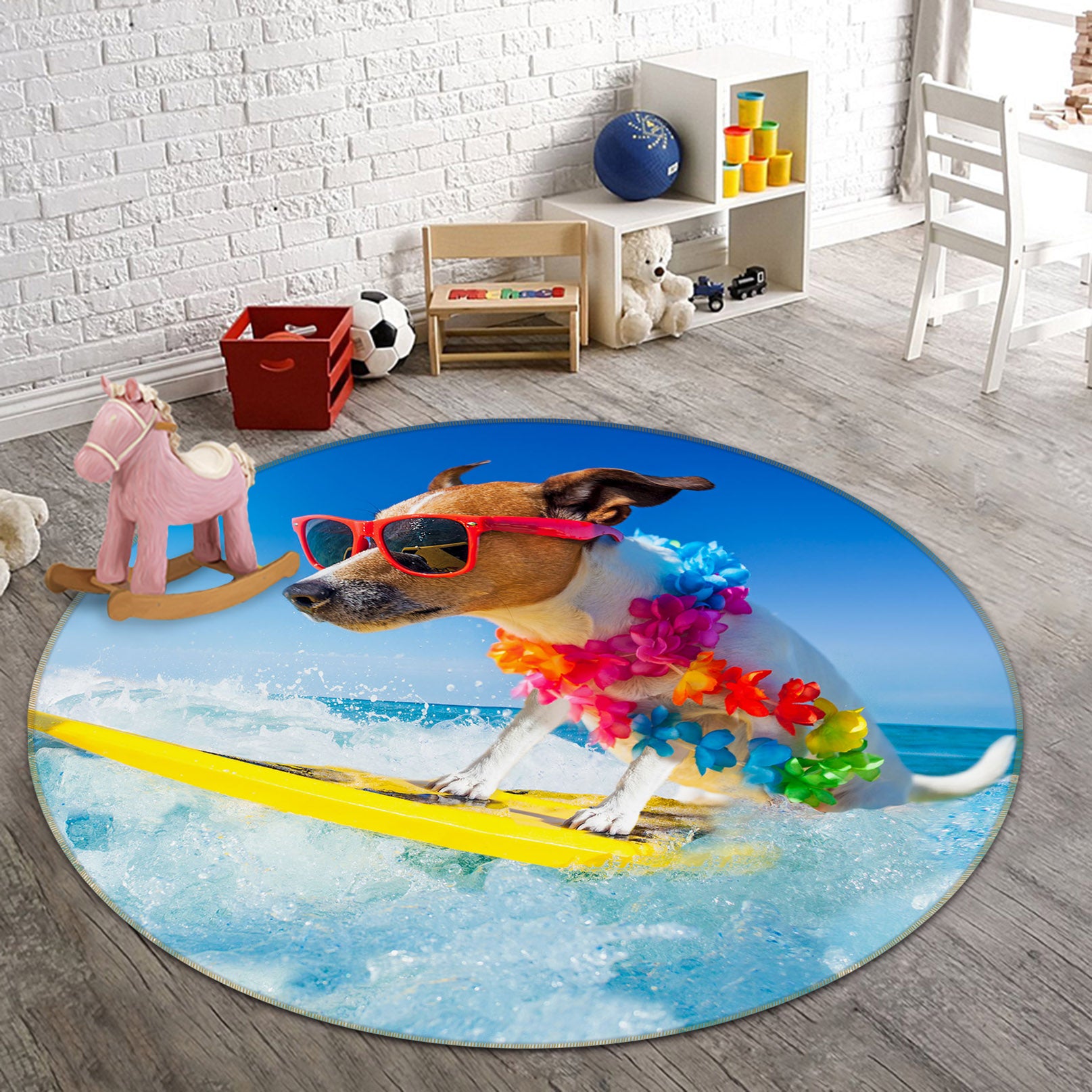 3D Surfing Dog 29027 Round Non Slip Rug Mat