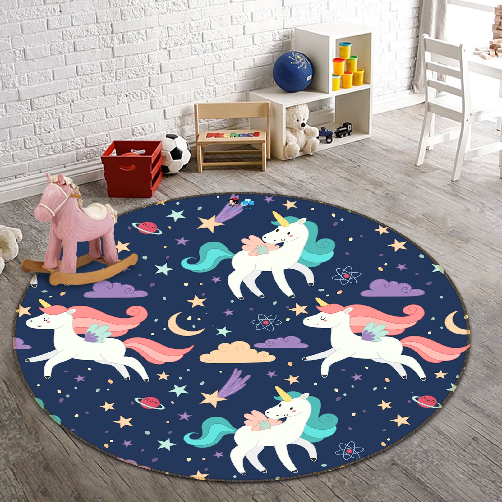 3D Black Background Unicorn Pattern 81126 Round Non Slip Rug Mat