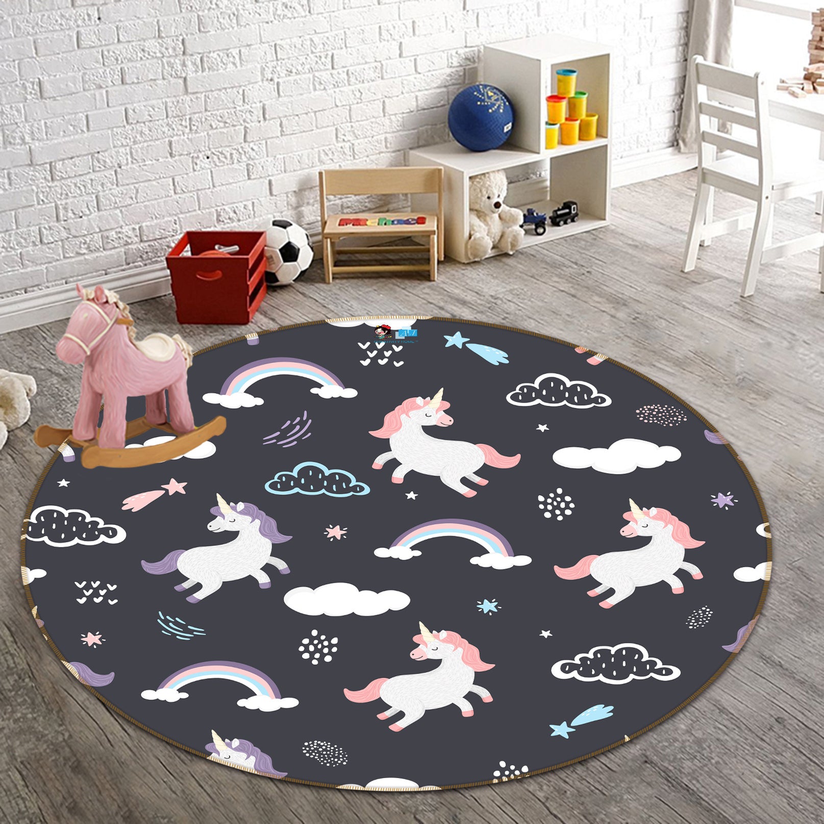 3D Cloud Rainbow Unicorn 64162 Round Non Slip Rug Mat