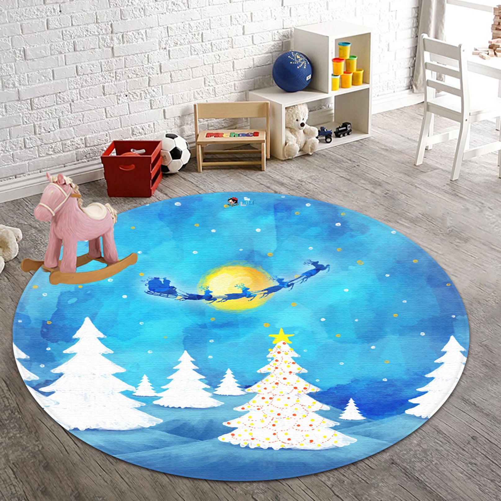3D White Tree Sled 66034 Christmas Round Non Slip Rug Mat Xmas