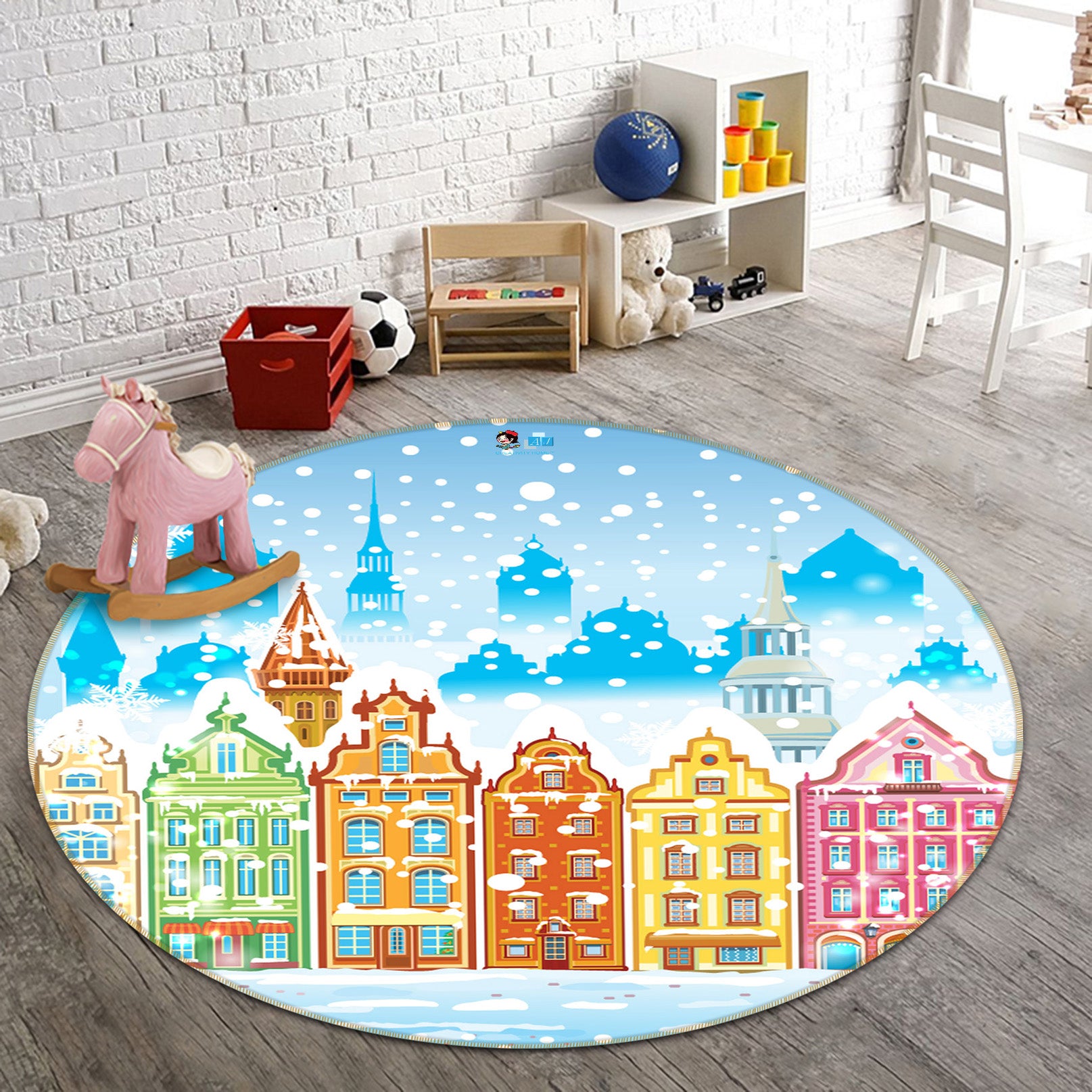 3D Snow Colored Houses 54139 Christmas Round Non Slip Rug Mat Xmas