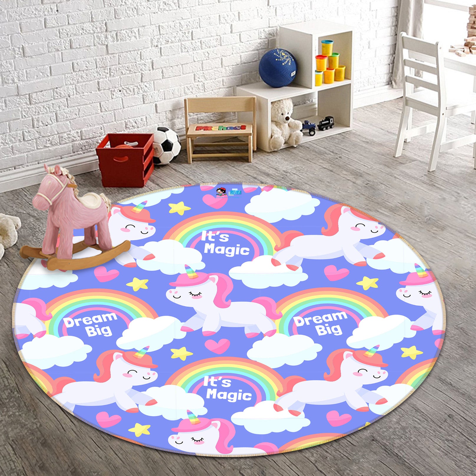 3D Unicorn Rainbow Pattern 81079 Round Non Slip Rug Mat