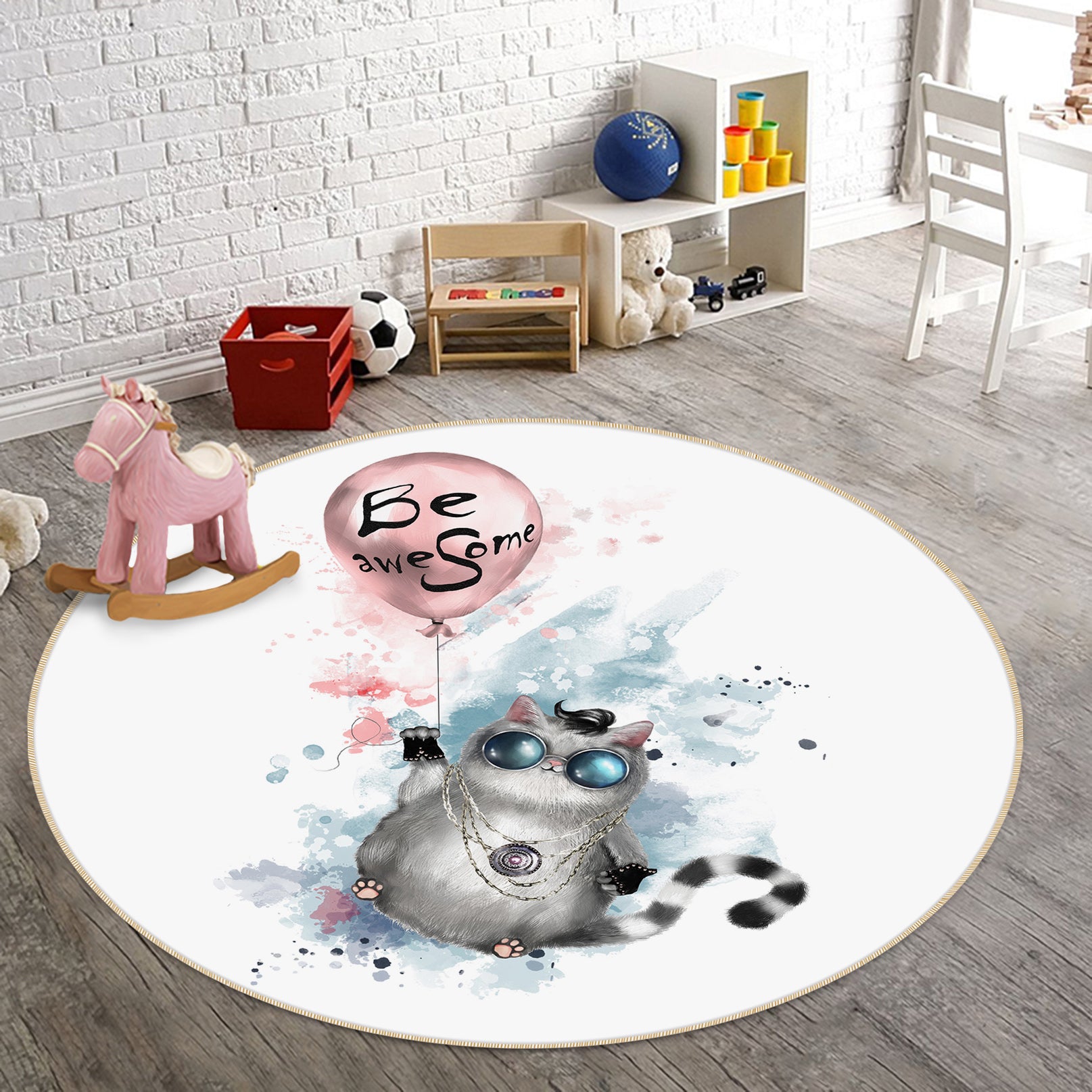 3D Cat Balloon 29061 Round Non Slip Rug Mat