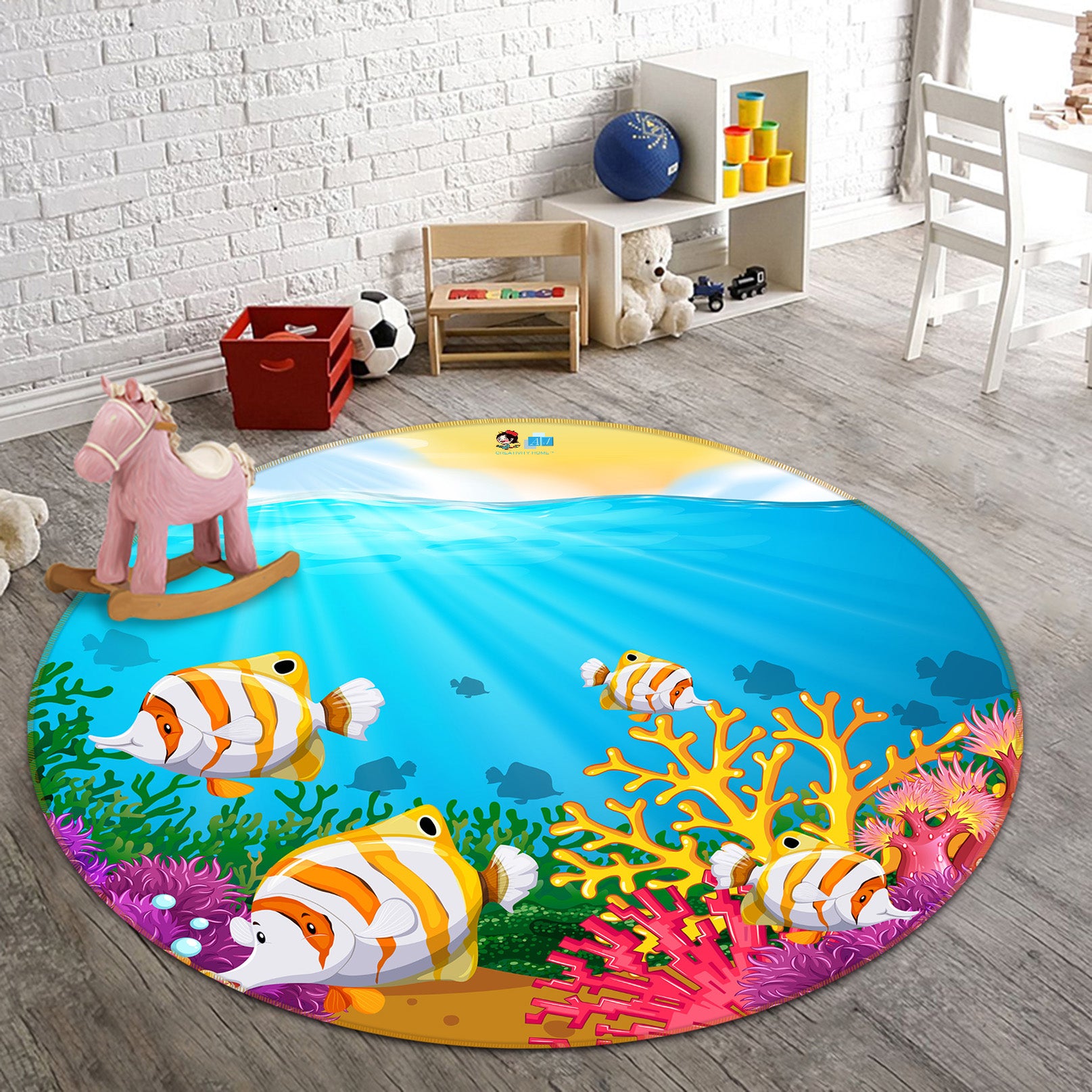 3D Cartoon Submarine Fish 81028 Round Non Slip Rug Mat