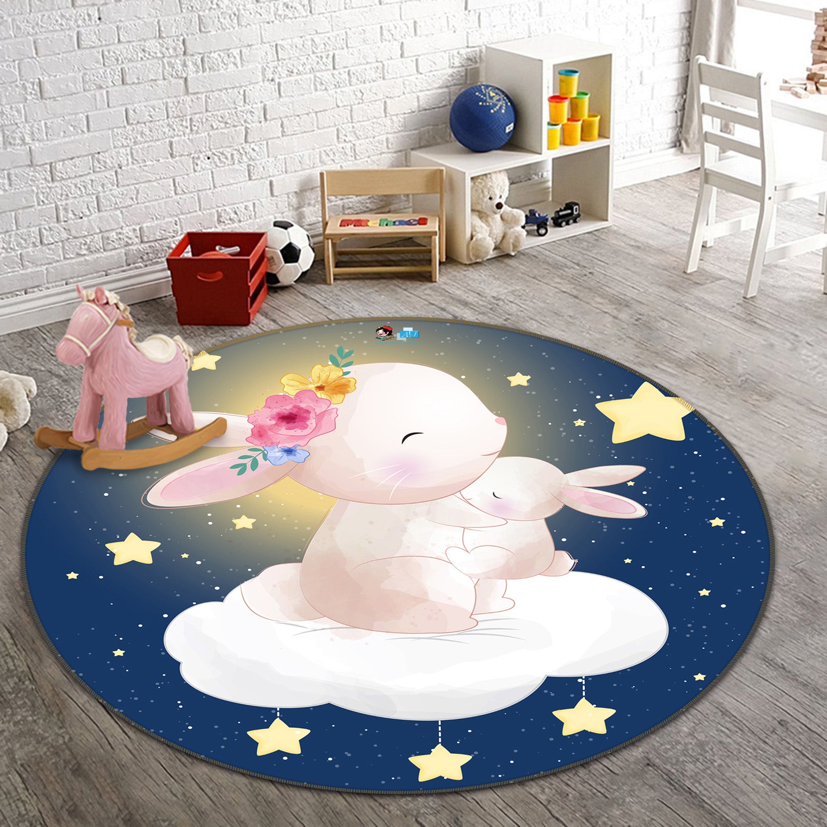 3D Rabbit Stars Clouds 74224 Round Non Slip Rug Mat