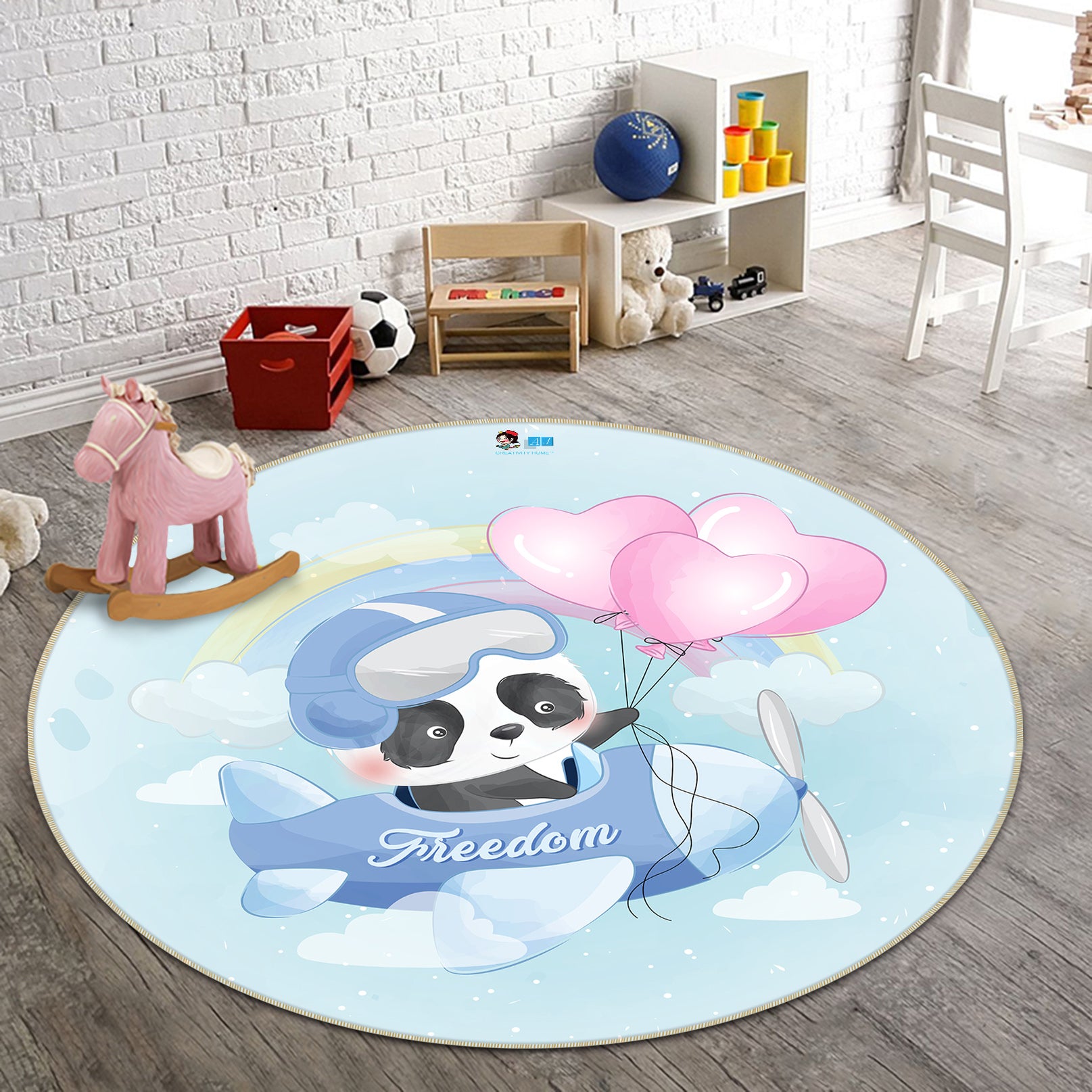 3D Airplane Panda Balloon 74217 Round Non Slip Rug Mat