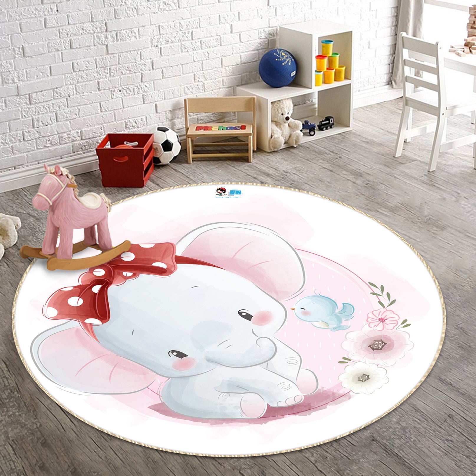 3D Elephant Bow 74283 Round Non Slip Rug Mat