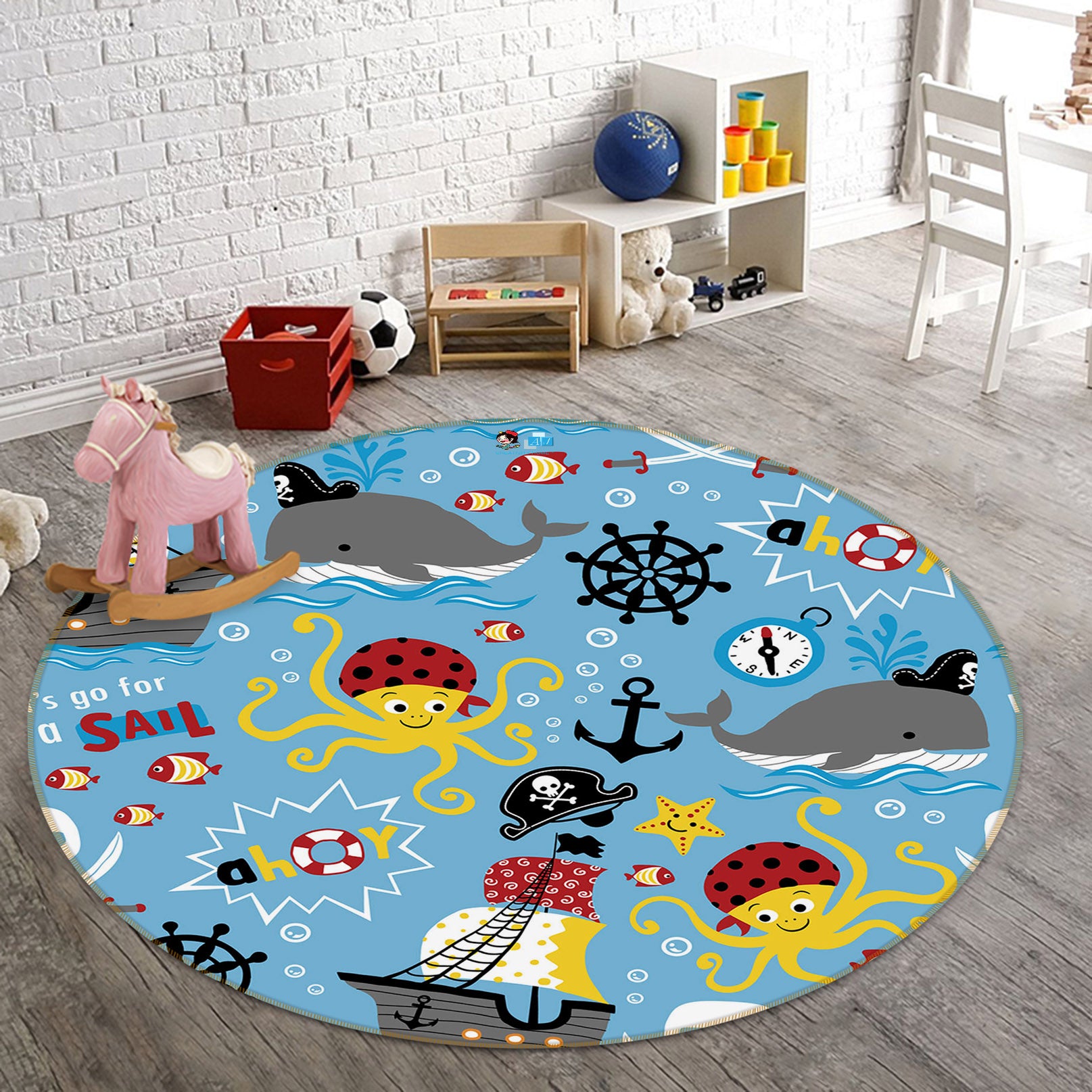 3D Octopus Whale 75043 Round Non Slip Rug Mat