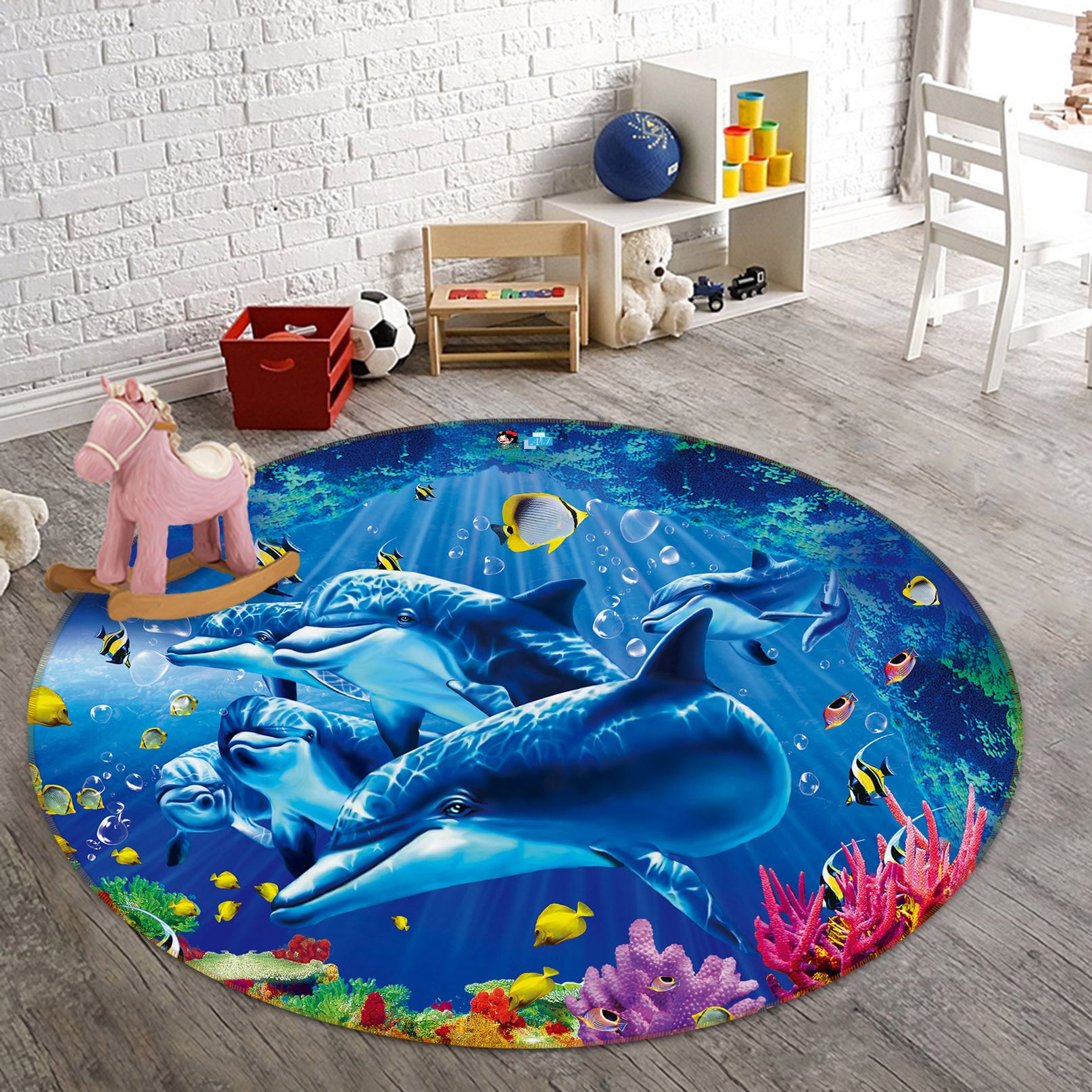 3D Underwater Dolphin 74027 Round Non Slip Rug Mat