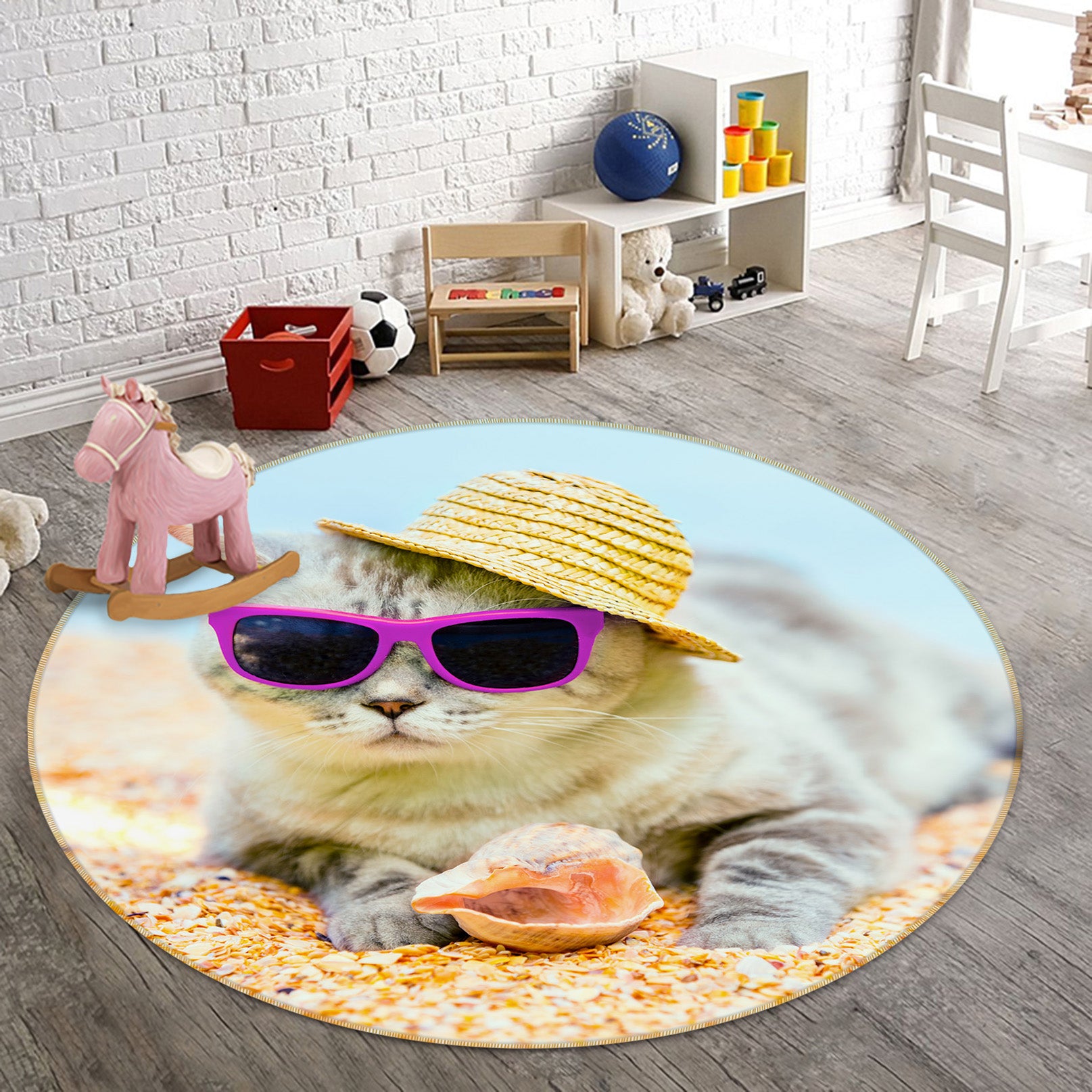 3D Beach Cat 29112 Round Non Slip Rug Mat