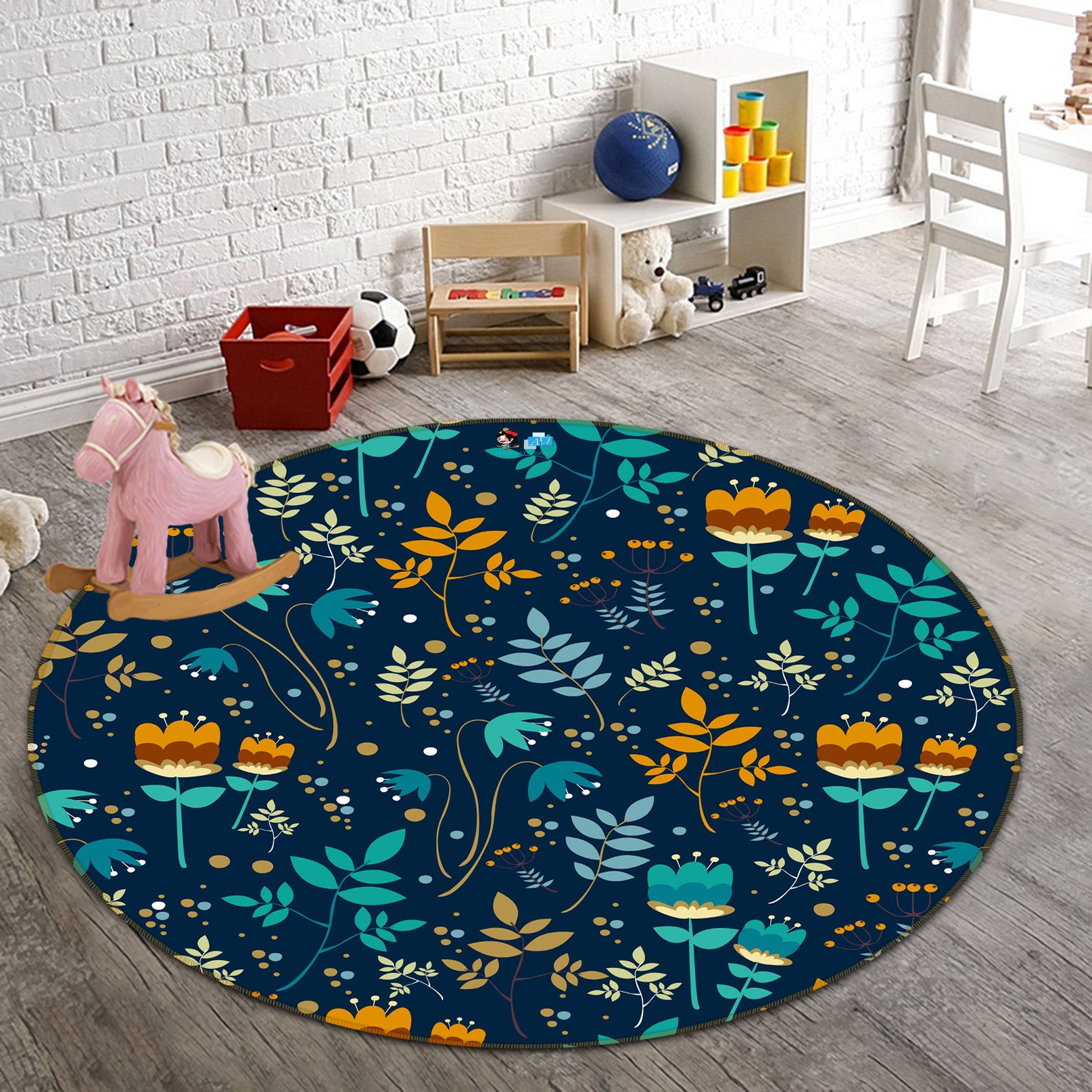 3D Blue Orange Flowers Pattern 64050 Round Non Slip Rug Mat