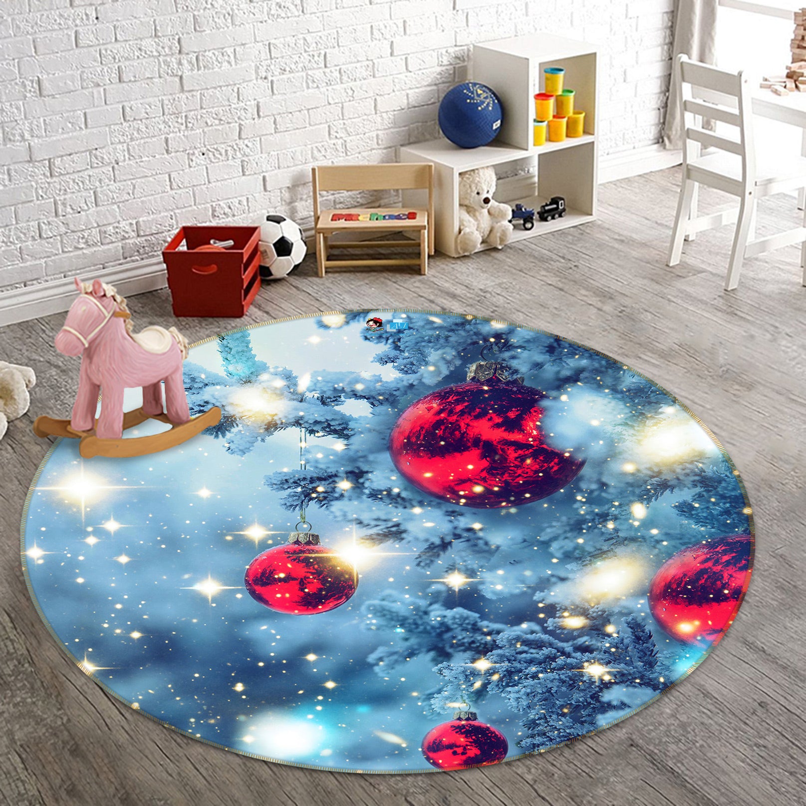 3D Snow Tree Red Ball 54067 Christmas Round Non Slip Rug Mat Xmas