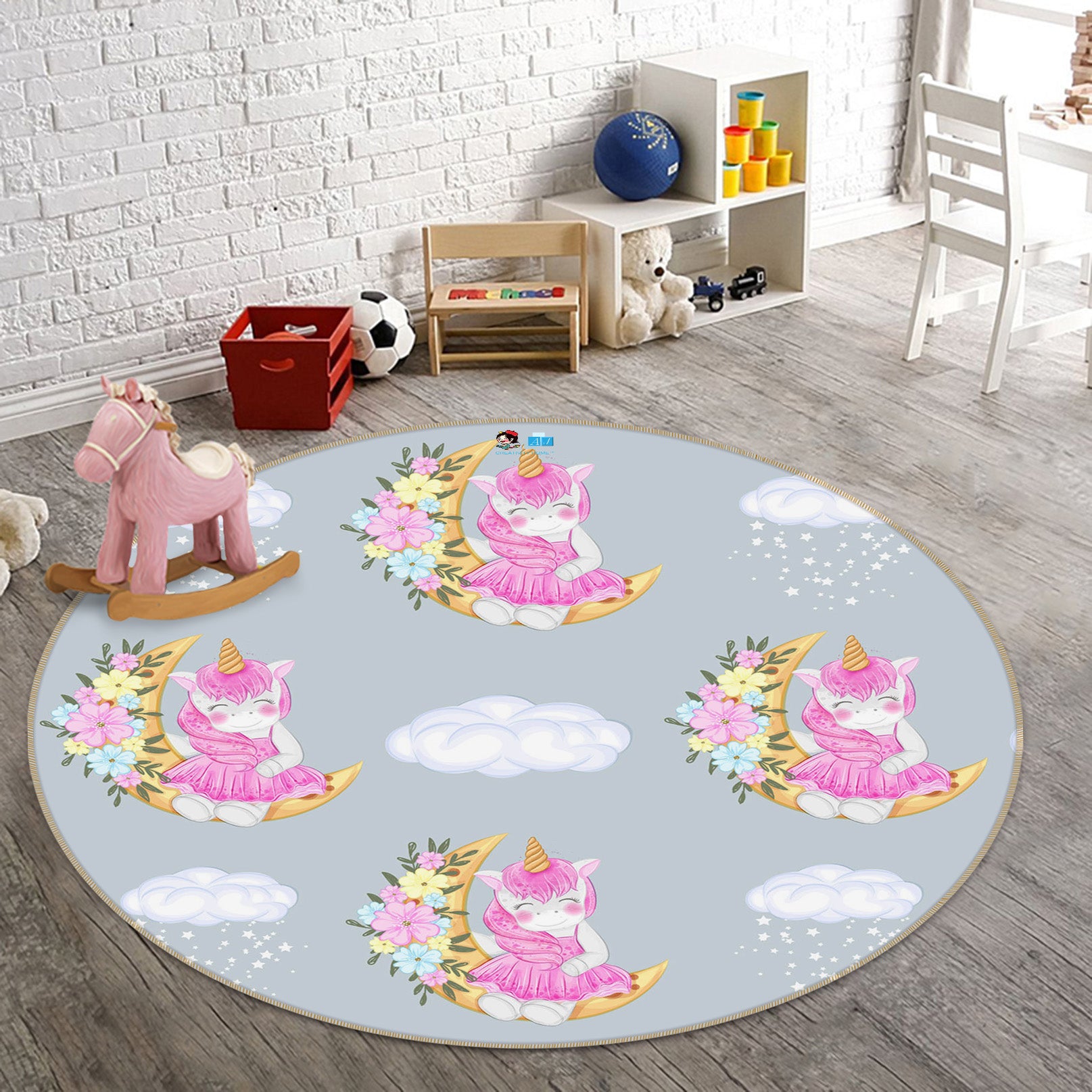 3D Flower Moon Unicorn 75078 Round Non Slip Rug Mat