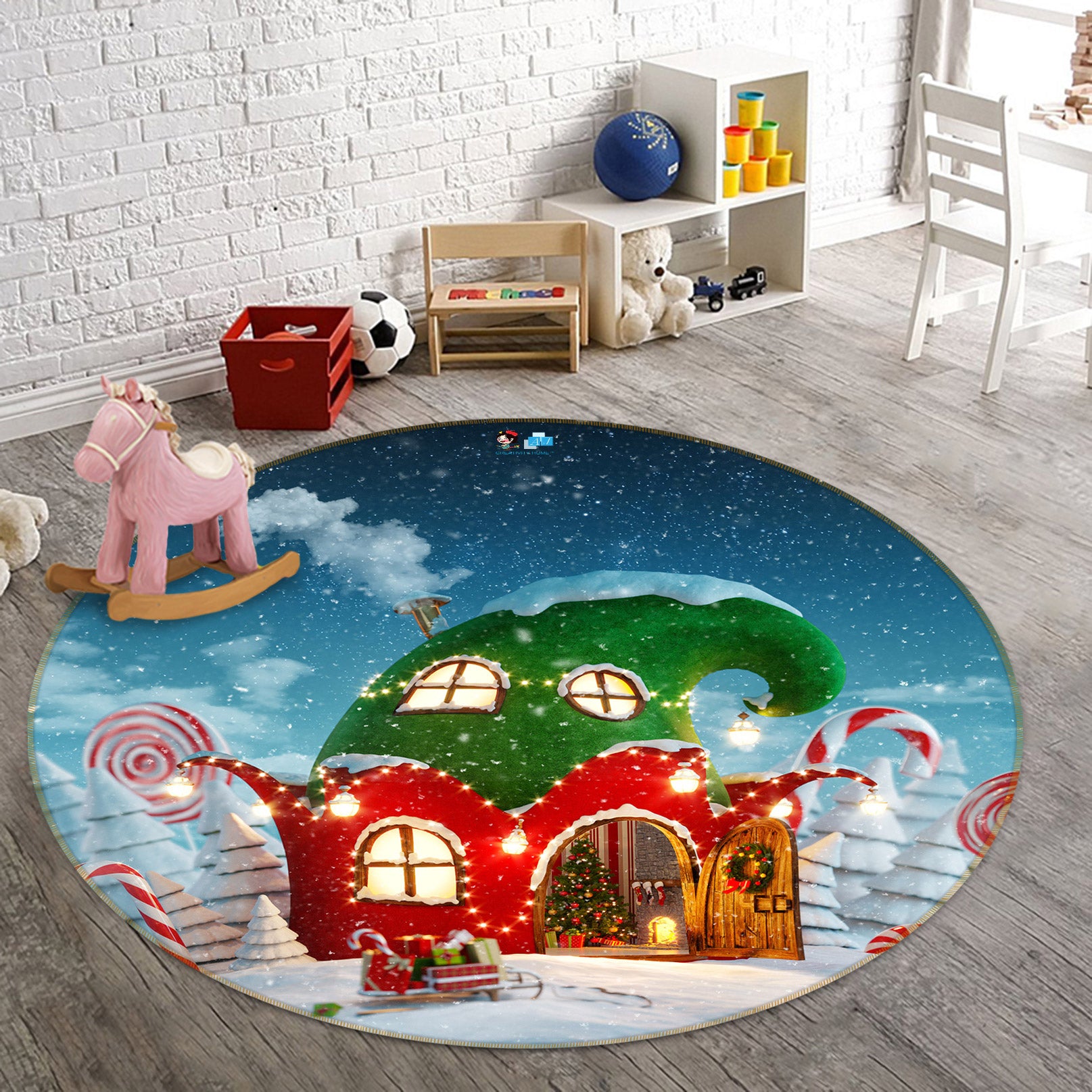 3D Red Green Cottage 54050 Christmas Round Non Slip Rug Mat Xmas