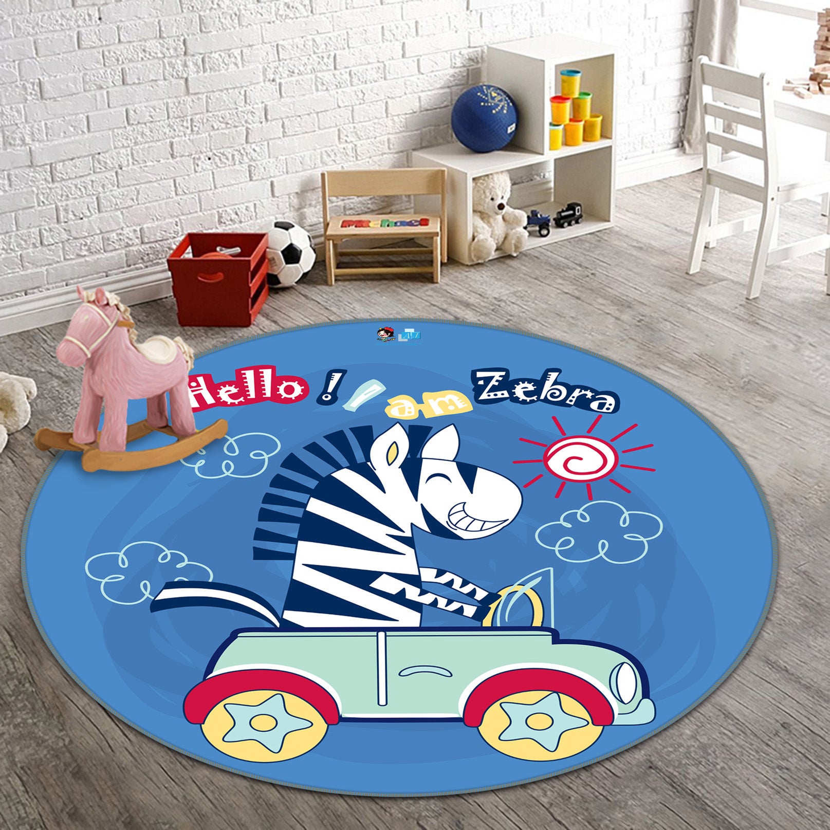 3D Cartoon Car Zebra 74268 Round Non Slip Rug Mat