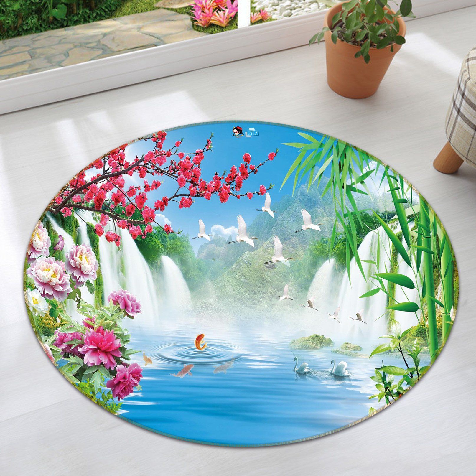 3D Waterfall Fish 024 Round Non Slip Rug Mat Mat AJ Creativity Home 