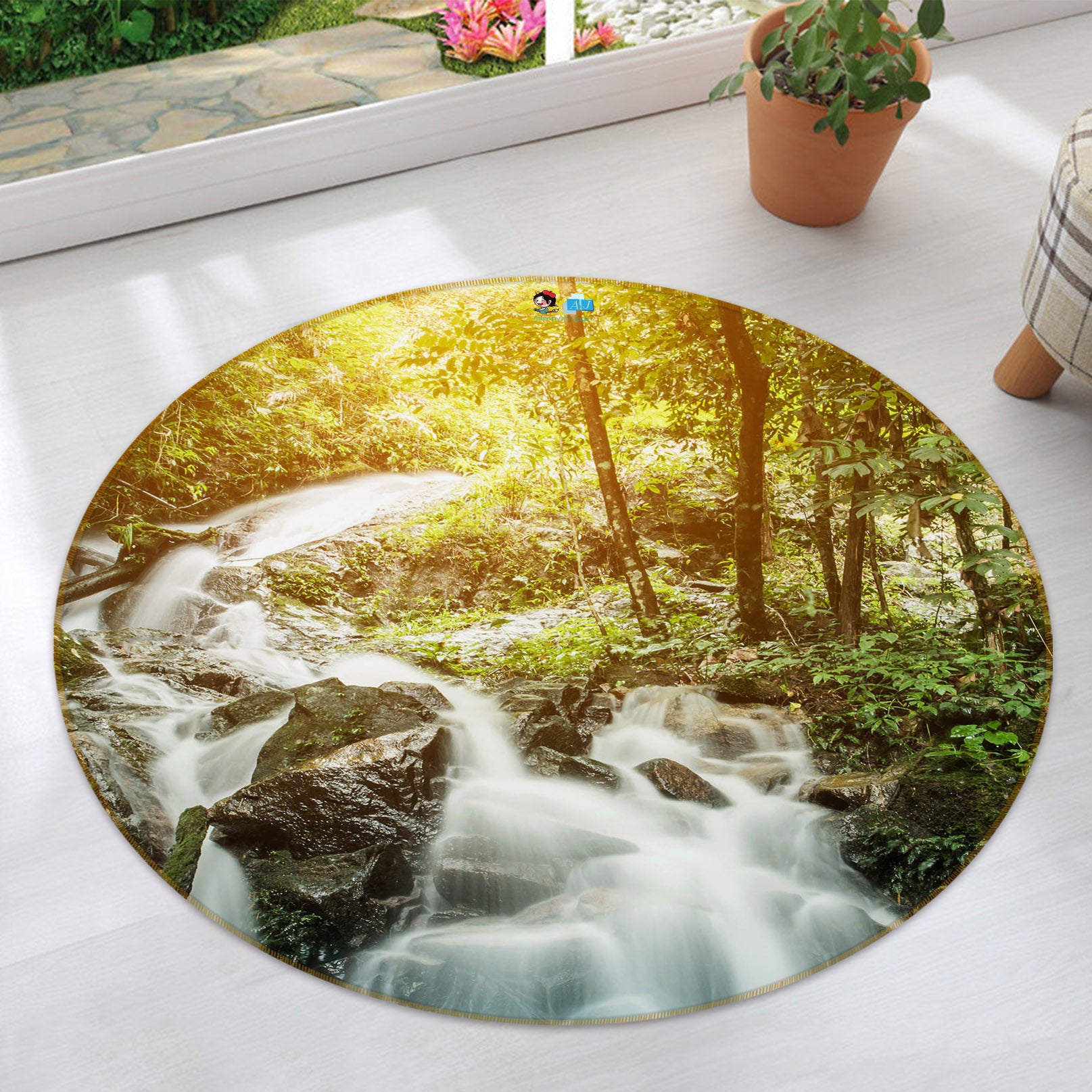 3D Jungle Running Water 69094 Round Non Slip Rug Mat