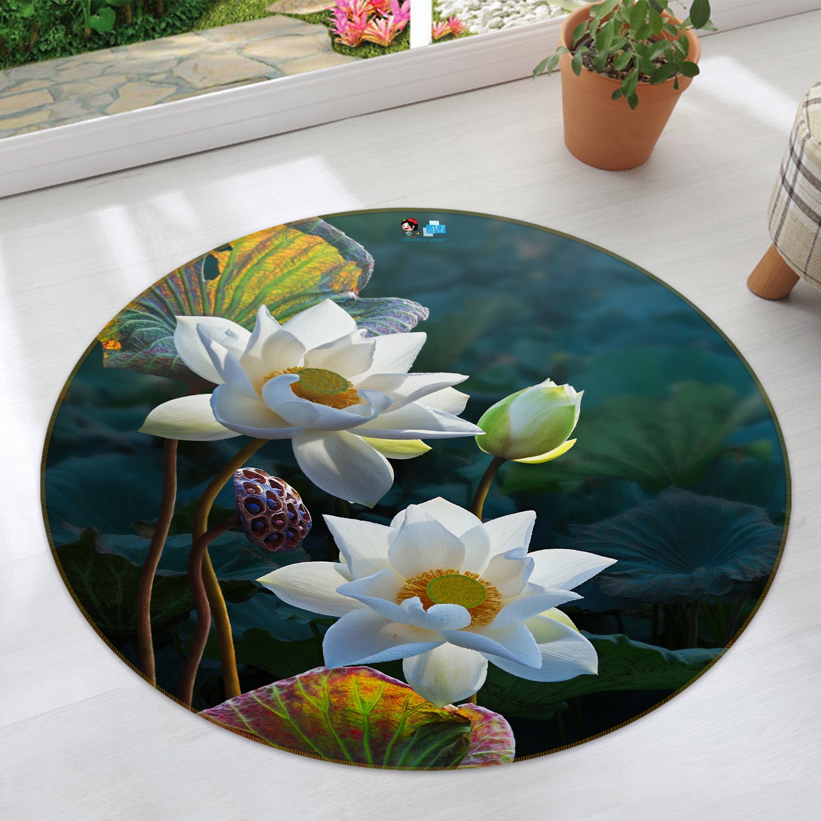 3D White Lotus Pond 71175 Round Non Slip Rug Mat