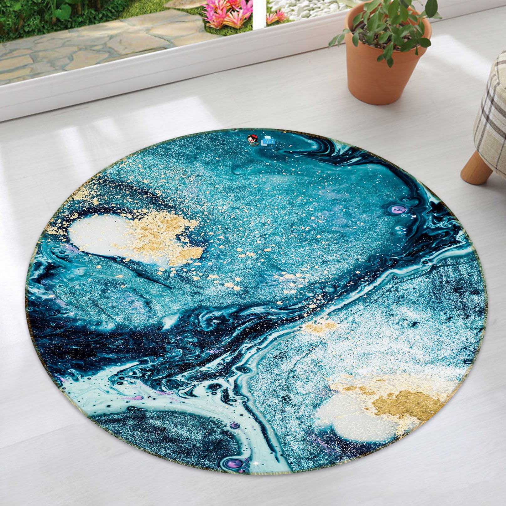 3D Blue Green Texture 69235 Round Non Slip Rug Mat