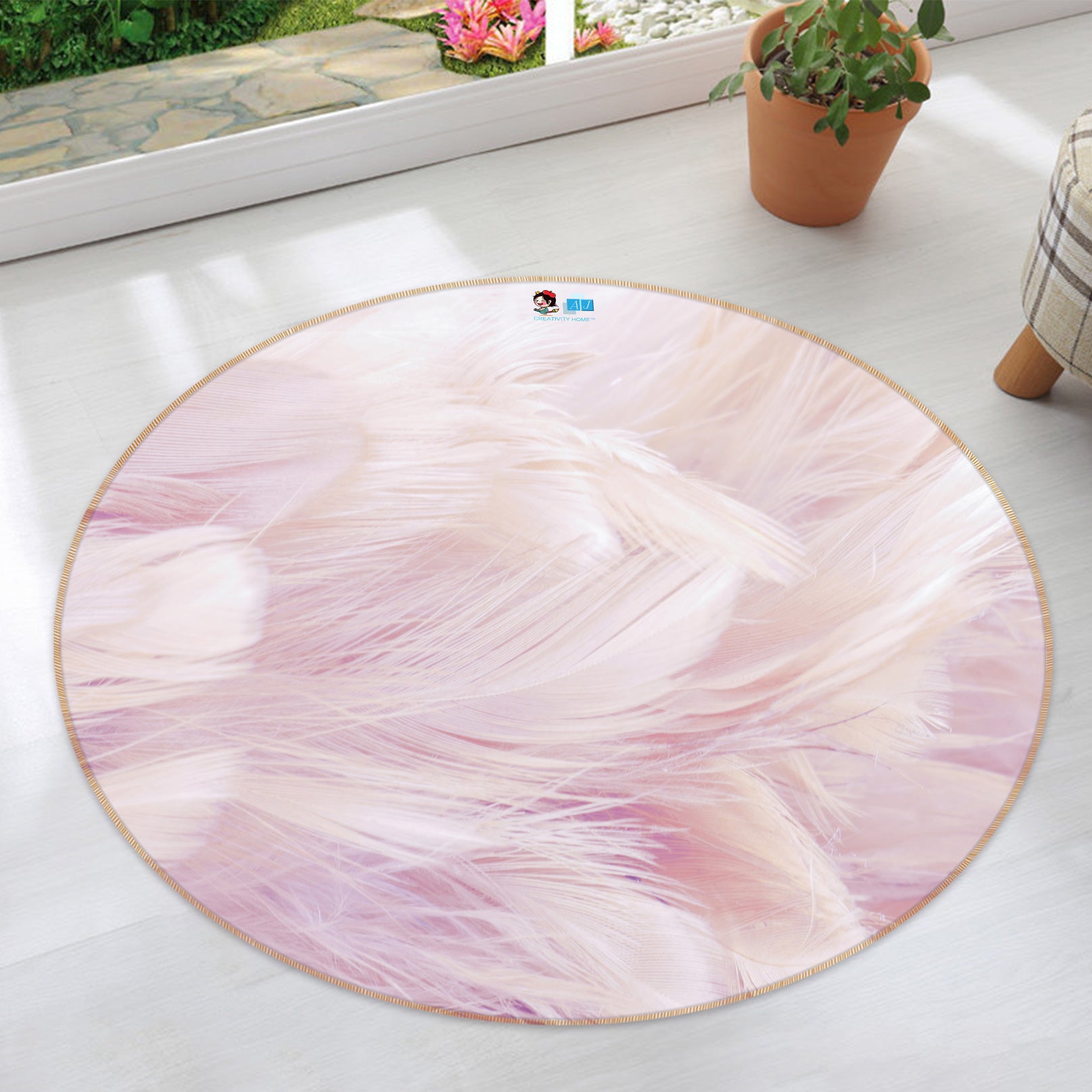 3D Light Pink Feather 81223 Round Non Slip Rug Mat