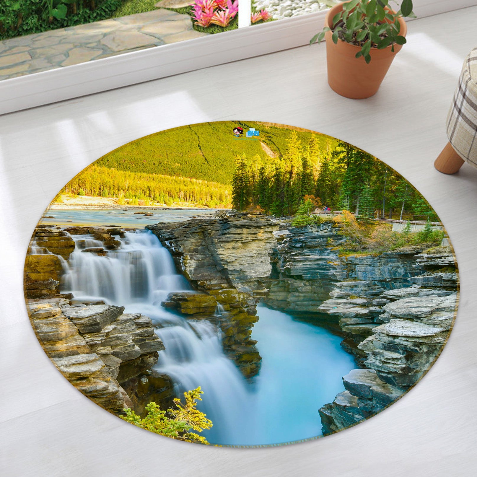 3D Mountain Tree Running Water 69099 Round Non Slip Rug Mat