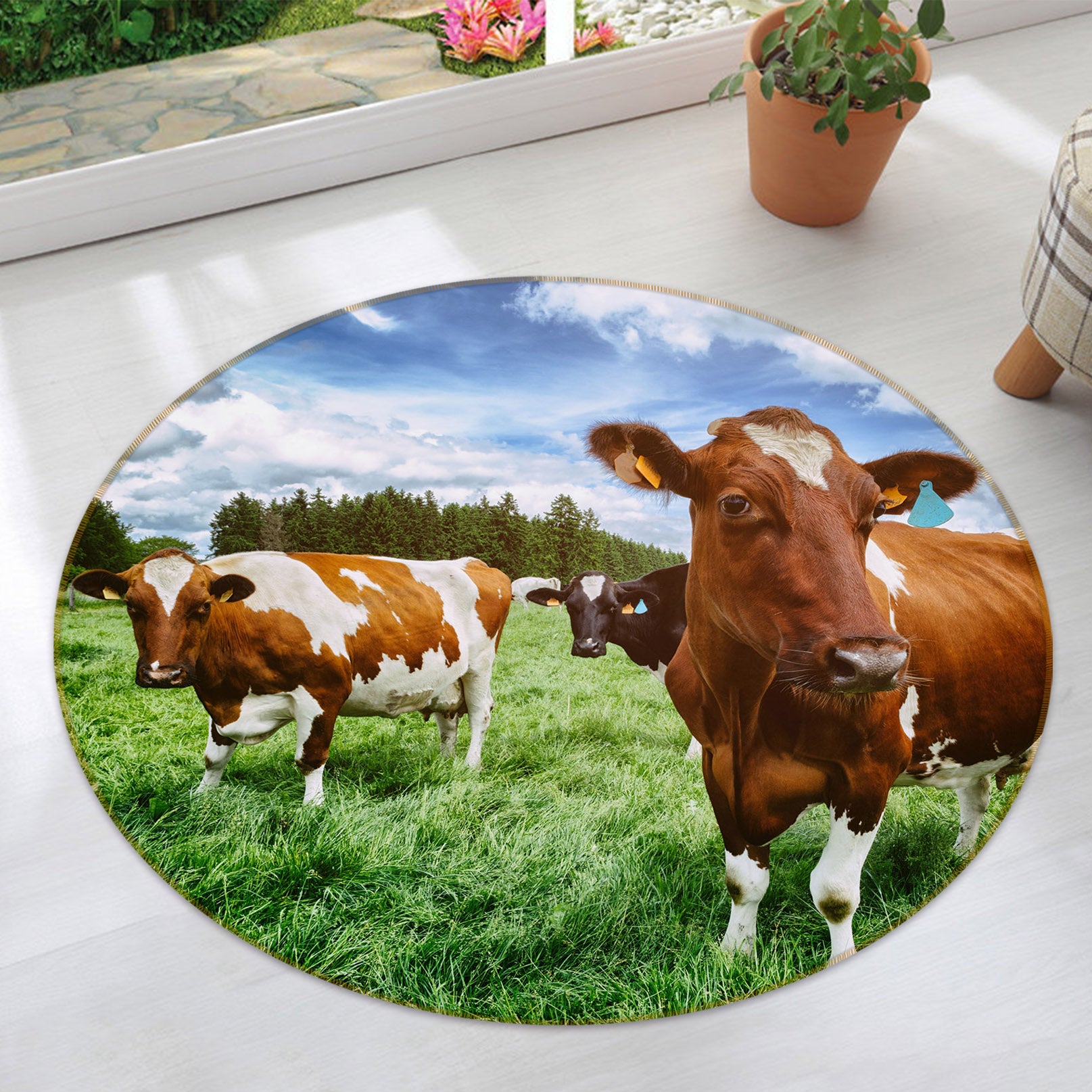 3D Cow Grass 37173 Animal Round Non Slip Rug Mat