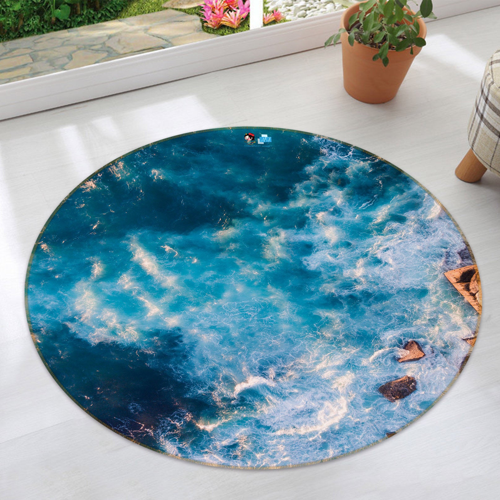 3D Sea Waves 69090 Round Non Slip Rug Mat
