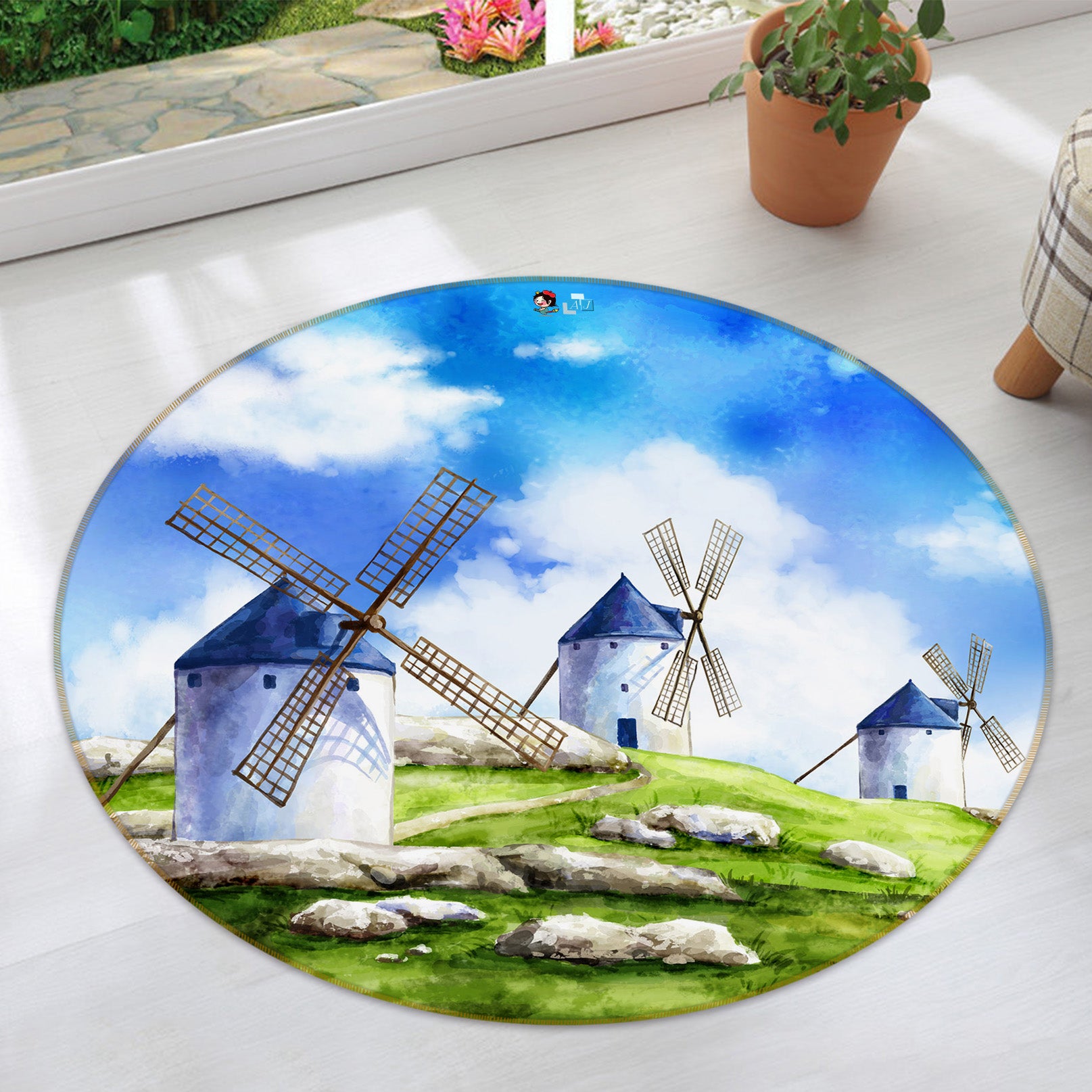 3D Windmill Lawn 74062 Round Non Slip Rug Mat