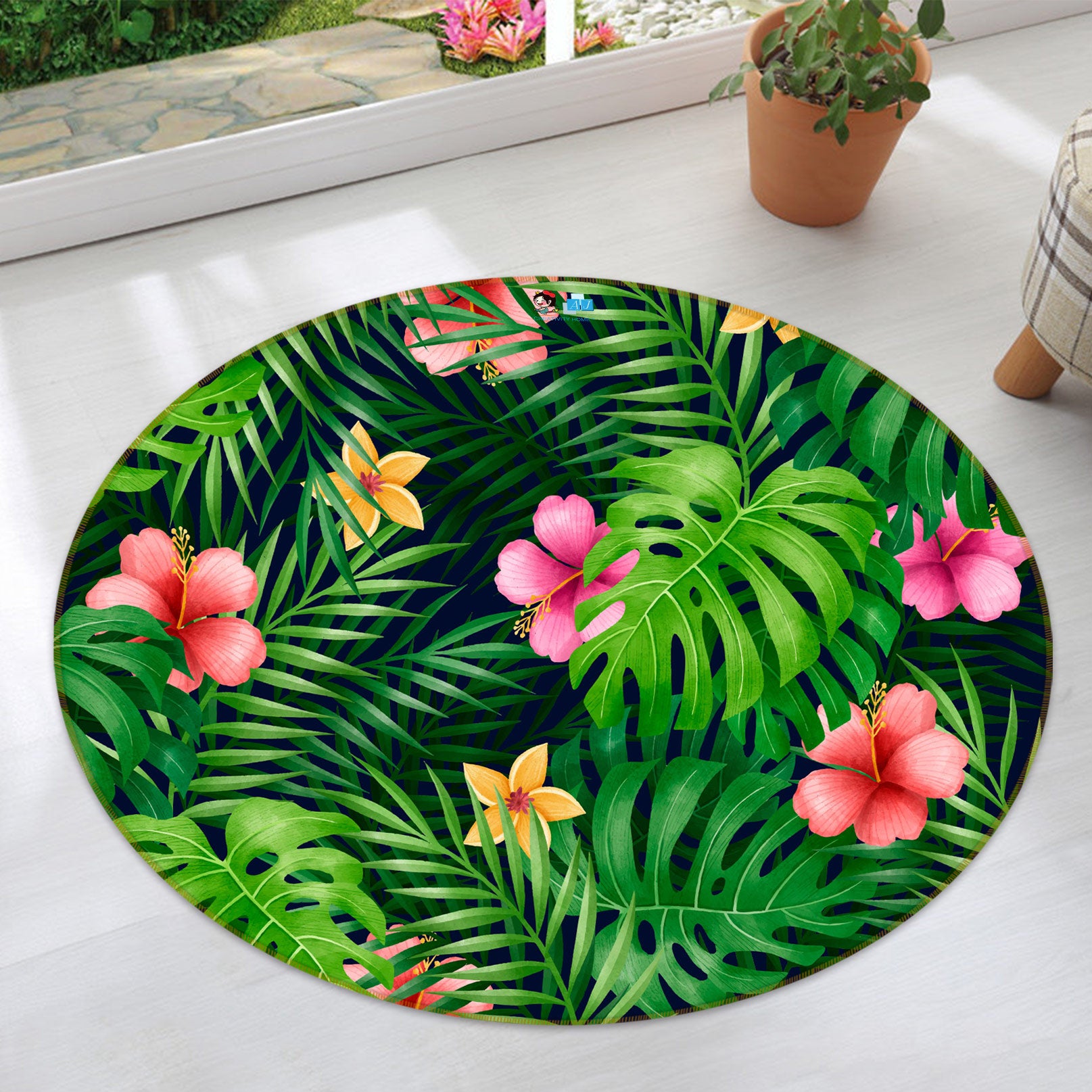 3D Leaves Flowers 81248 Round Non Slip Rug Mat