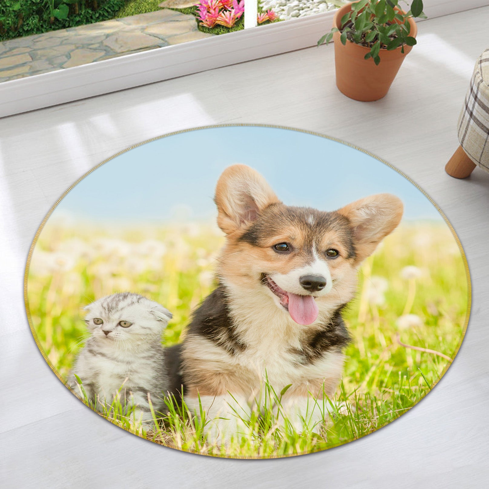 3D Grassland Cat Dog 29007 Round Non Slip Rug Mat