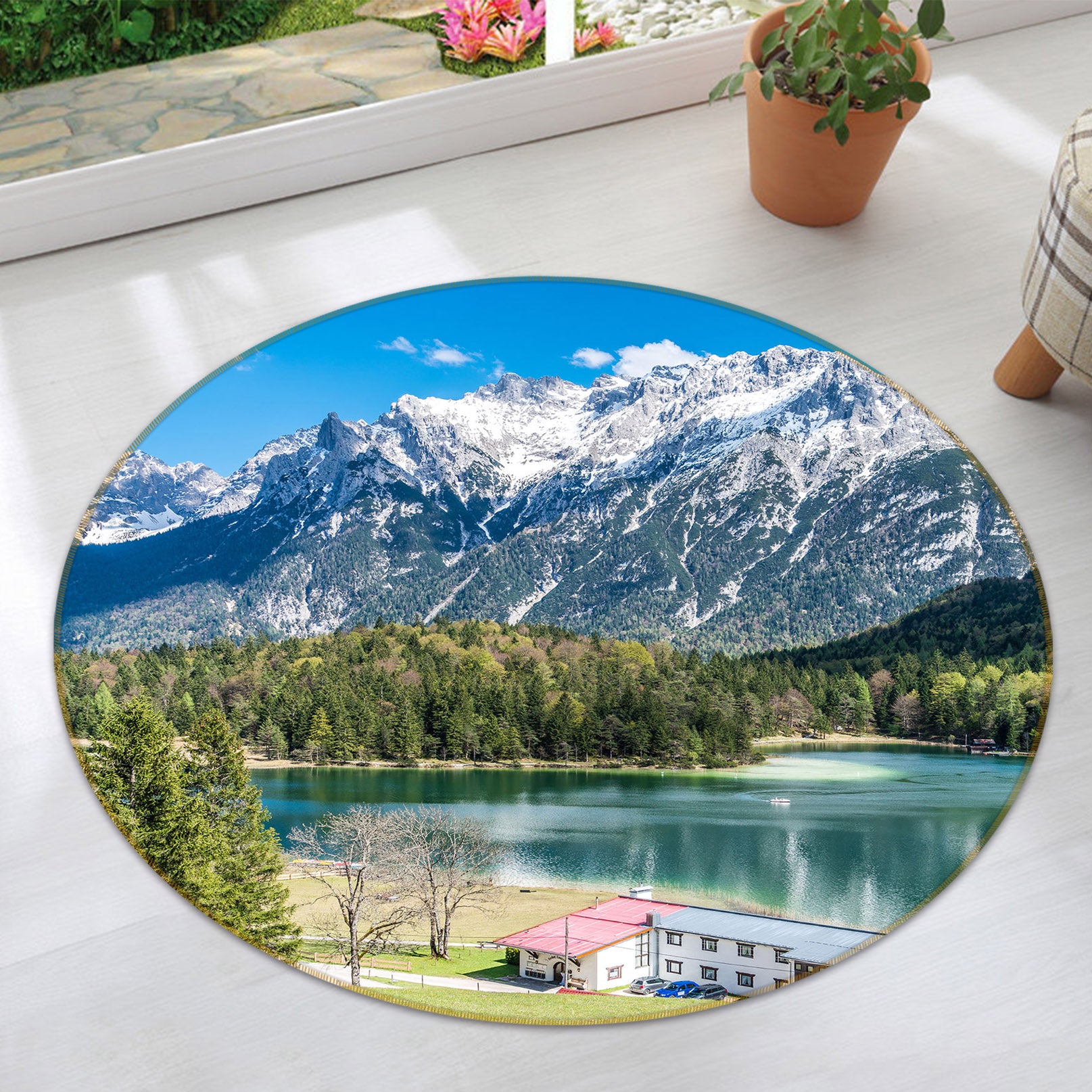 3D Snow Mountain Lake 71191 Round Non Slip Rug Mat