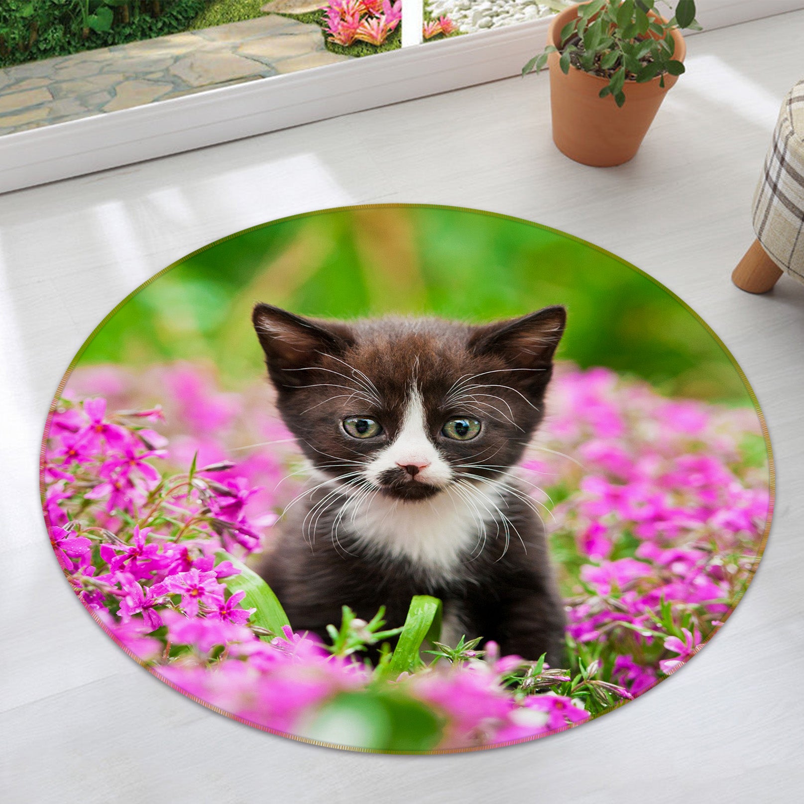 3D Flower Kitten 29040 Round Non Slip Rug Mat