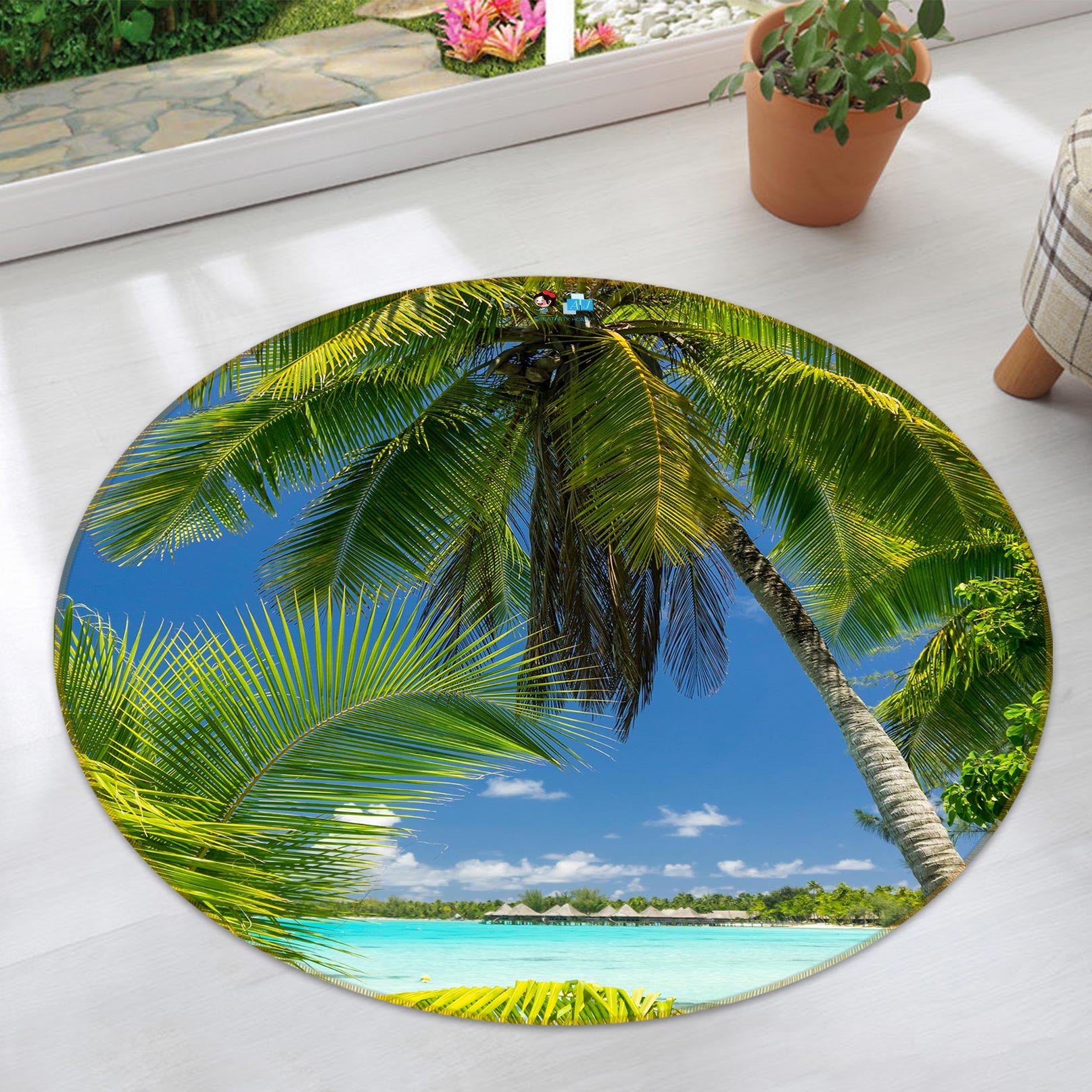 3D Coconut Tree Beach 80225 Round Non Slip Rug Mat