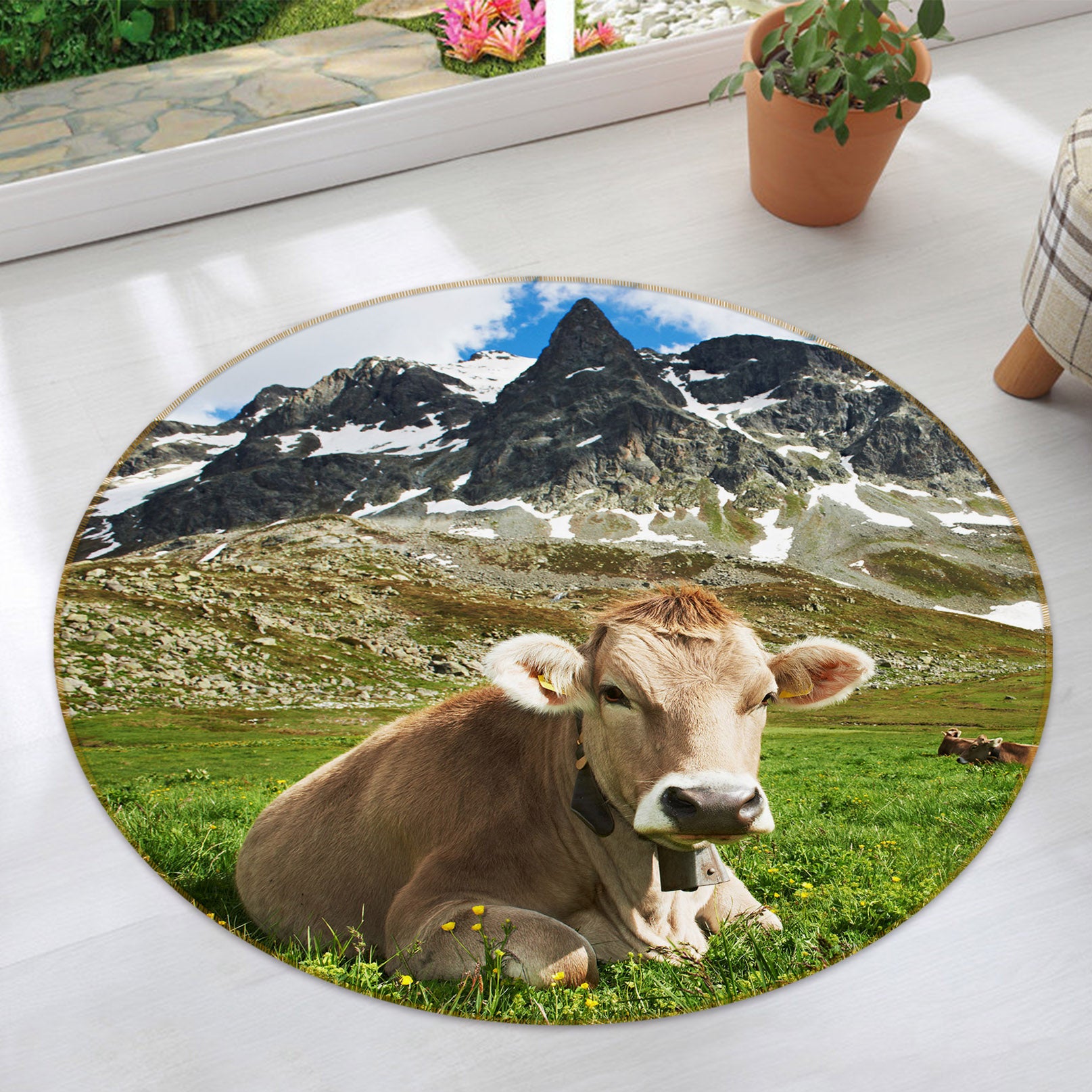 3D Mountain Cattle 37228 Animal Round Non Slip Rug Mat