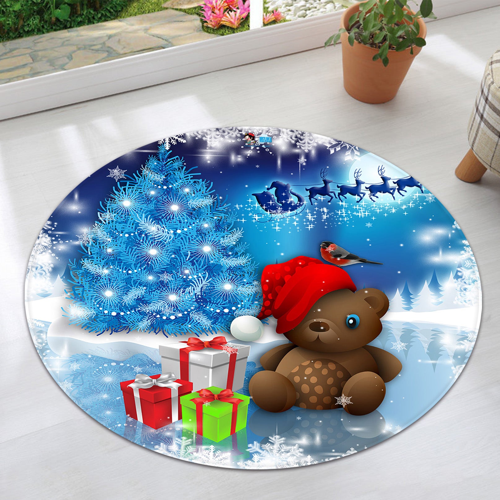 3D Snow Gift Box Bear Doll 66035 Christmas Round Non Slip Rug Mat Xmas