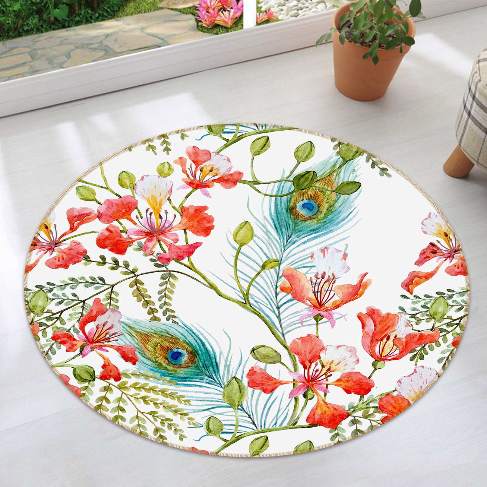 3D Flowers Peacock Feather 29021 Round Non Slip Rug Mat