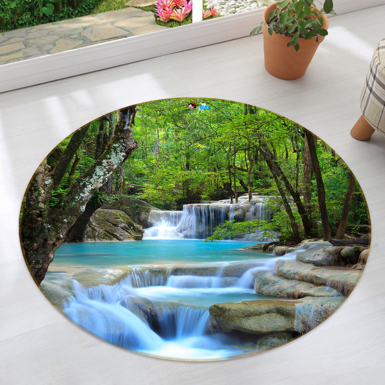 3D Forest Waterfall 72154 Round Non Slip Rug Mat